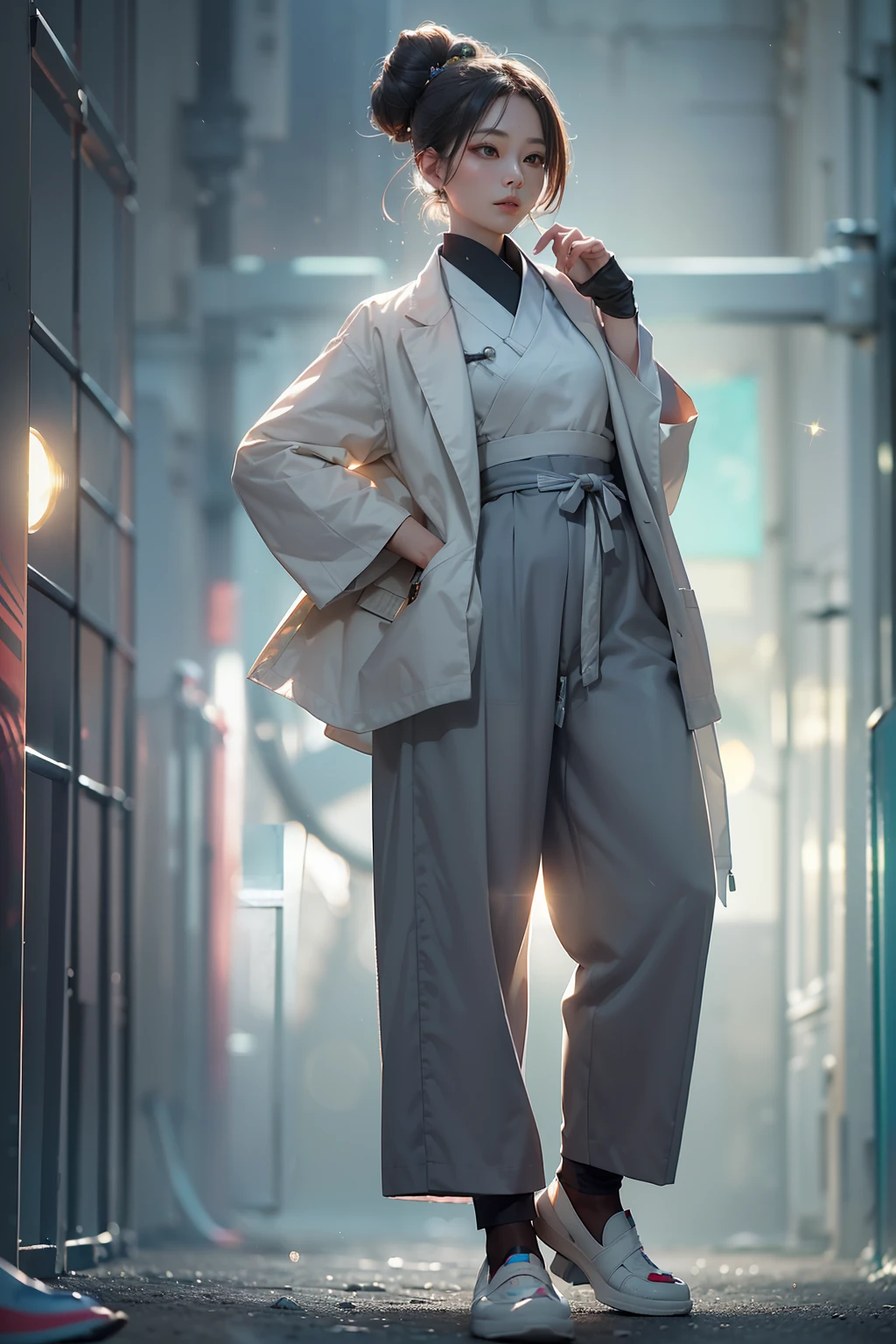 (
(Character: one chinese woman, 40 years old, medical examiner, high bun in the hair, small smile)
(Clothing: medical coat, gray hakama pants, flat shoes)
(Pose: full body shot:1.7, dynamic pose)
(blurry, intense urban lights in background)
(Style: ((masterpiece:1.5)), (face detailed), photo-realistic:1.3, hyperrealistic, foggy, high contrast, shiny skin, soft lighting, backlighting, bloom, light sparkles, chromatic aberration)