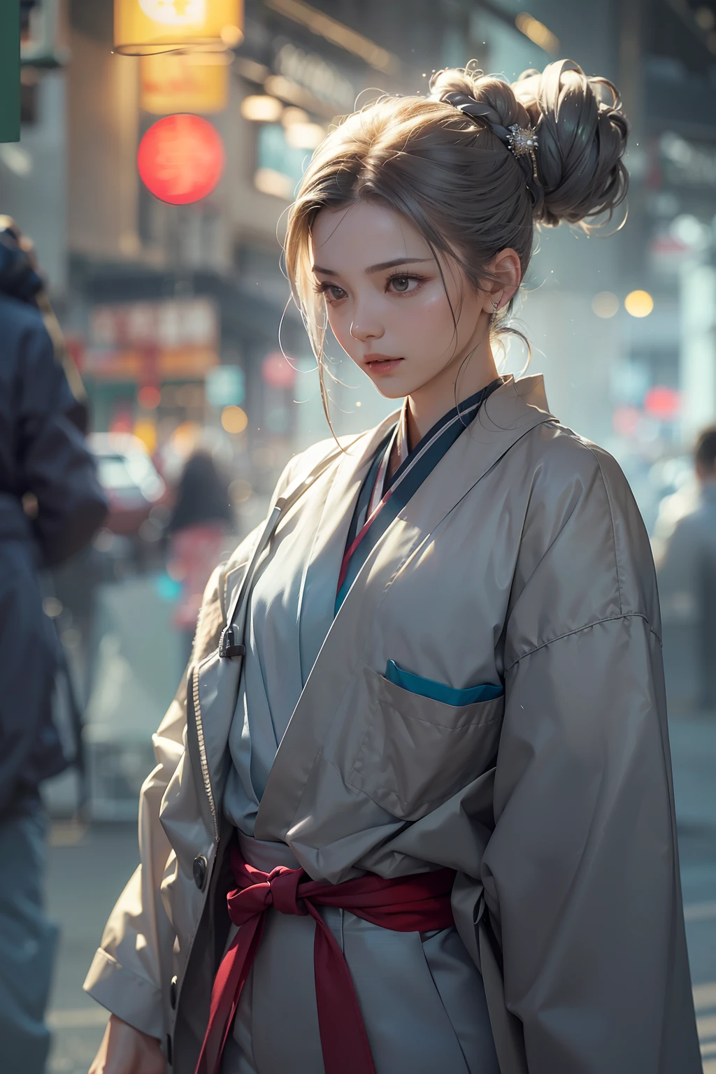 ( 
    (Character: one chinese woman, 40 years old, medical examiner, high bun in the hair, small smile)
    (Clothing: medical coat, gray hakama pants, flat shoes)
    (Pose: full body shot:1.7, dynamic pose)
    (blurry, intense urban lights in background) 
    (Style: ((masterpiece:1.5)), (face detailed), photo-realistic:1.3, hyperrealistic, foggy, high contrast, shiny skin, soft lighting, backlighting, bloom, light sparkles, chromatic aberration)