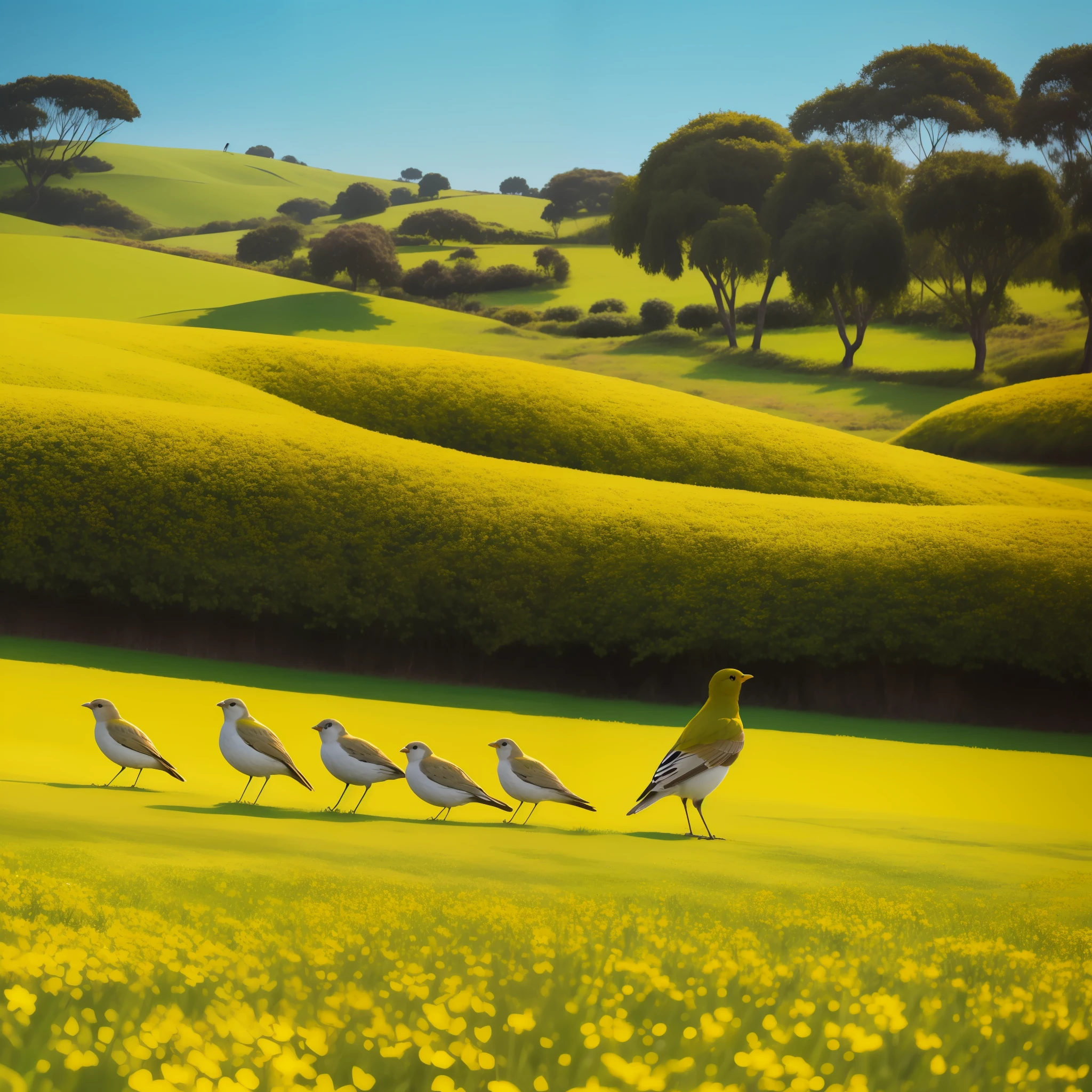 There are many birds that are standing in the grass, The birds are all over the greenish grass ground, bandos de aves!!, Belgian canaries with thrushes, Foto reduzida, 4 0 9 6, infestado de breu verde, an old man with 7 yellow birds, foto de alta qualidade, barriga fofa colorida, reduziu muito, com flores coloridas ao redor, prolongado