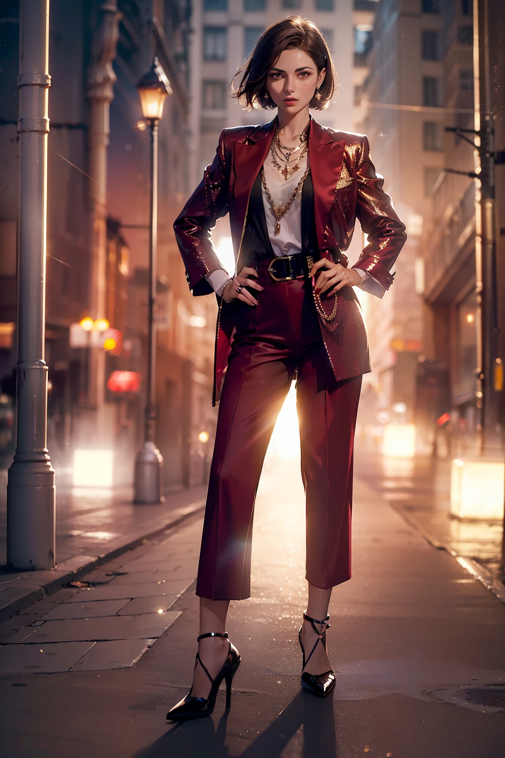 ( 
    (Character: one Israeli woman, 20 years old, brunette, short hair)
    (Clothing: wine red lawyer clothes, jewels, high heels)
    (Pose: full body shot:1.7, dynamic pose)
    (blurry, intense urban lights in background) 
    (Style: ((masterpiece:1.5)), (face detailed), photo-realistic:1.3, hyperrealistic, foggy, high contrast, shiny skin, soft lighting, backlighting, bloom, light sparkles, chromatic aberration)