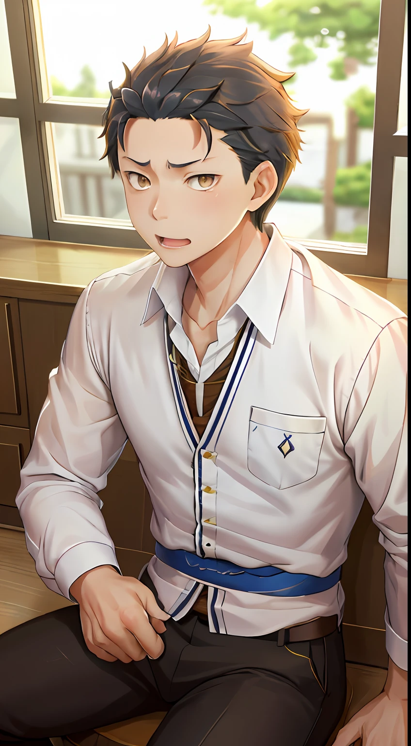 (1 Adult male),A high resolution, Sharp focus, Pixiv masterpiece, ((Complicated details)), highly detailed, natsuki_subaru, 1 man, with her mouth open,drools,full bodyesbian, Golden eyes(eyes glowing), with short golden hair,The shirt,Blue tie,obi strip,perspire,look from down