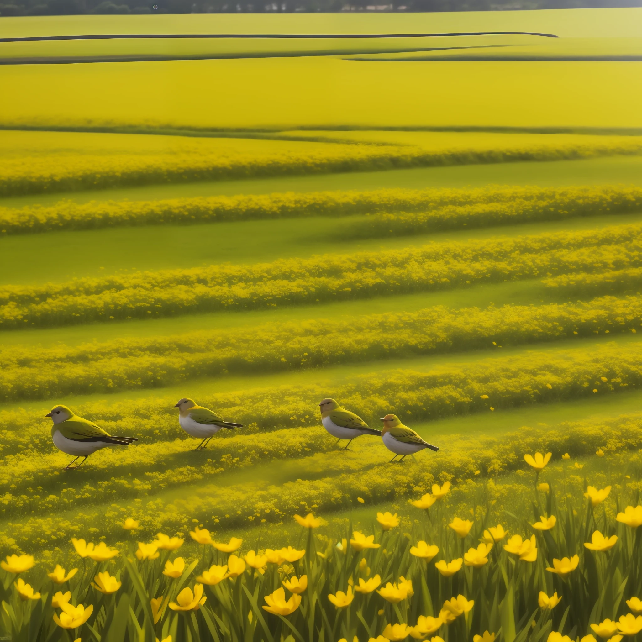 There are many birds that are standing in the grass, The birds are all over the greenish grass ground, bandos de aves!!, Belgian canaries with thrushes, Foto reduzida, 4 0 9 6, infestado de breu verde, an old man with 7 yellow birds, foto de alta qualidade, barriga fofa colorida, reduziu muito, com flores coloridas ao redor, prolongado