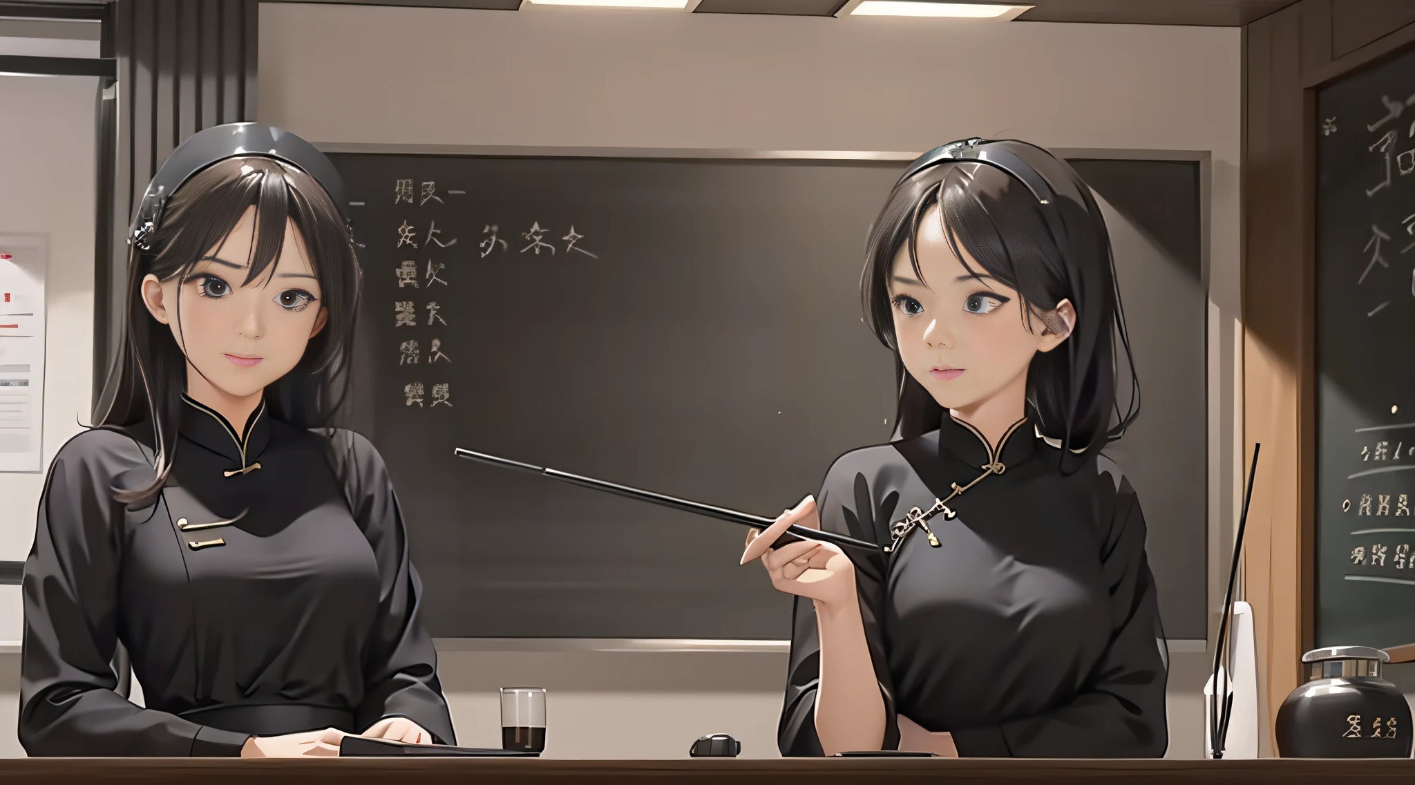 A good-looking royal sister in a black cheongsam stood in front of the blackboard，Point the baton in your hand at the blackboard