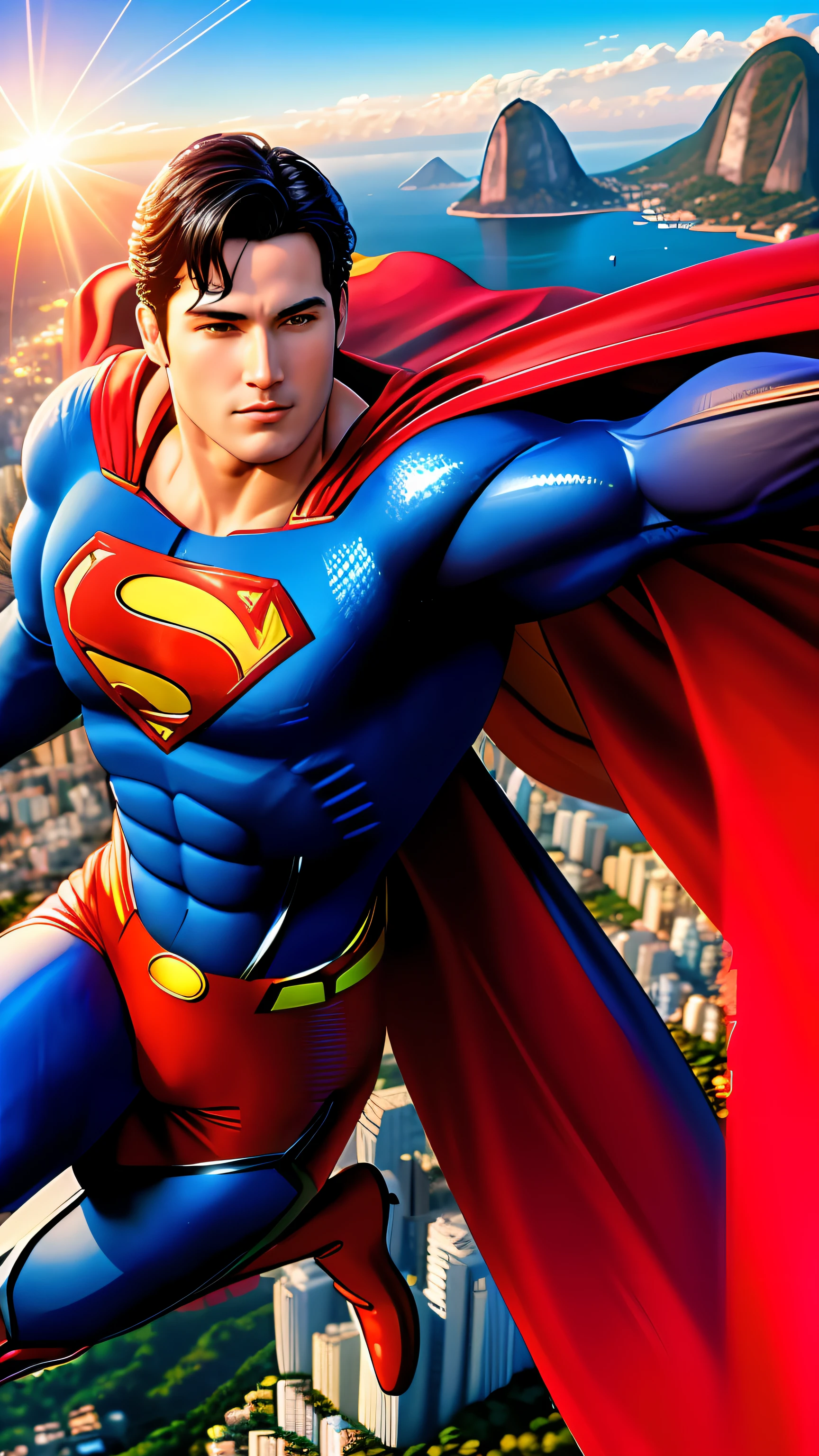 (best quality:1.3), (masterpiece:1.3), (realistic:1.4), (detailed:1.1), artwork of (Superman:1.3) soaring over the city of Rio de Janeiro, Brazil. The artwork should be highly detailed, and should accurately depict the character of Superman, including his iconic blue and red suit, cape, and emblem. The artwork should be created at a high resolution of 8K or 4K, and should be rendered in 3D to give it a lifelike quality. The artwork should also be created in 8D to add depth and dimensionality. The overall style of the artwork should be realistic, with an emphasis on capturing the vibrant colors and energy of Rio de Janeiro. Be sure to include iconic landmarks such as the Christ the Redeemer statue and Sugarloaf Mountain. The final artwork should be of the highest quality and should match the level of detail and realism found in professional Adobe Photoshop artwork.