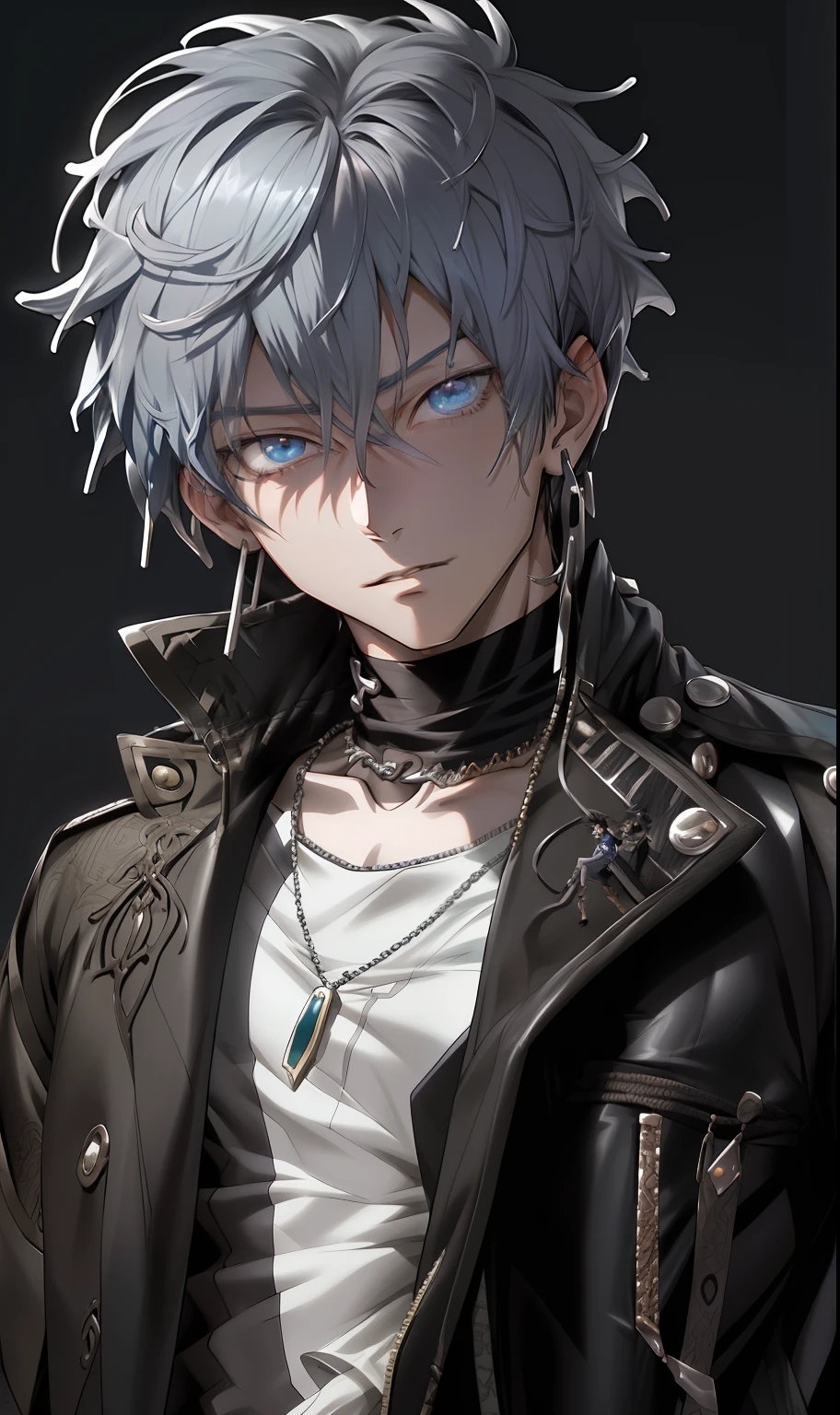 a close up of a person wearing a jacket and a necklace, full body 1 / 6 nihei tsutomu, attractive androgynous humanoid, cai xukun, killua zoldyck made of jewlery, ( highly detailed figure ), male anime style, male anime character, handsome anime pose, detailed image, anime figure, anime figurine