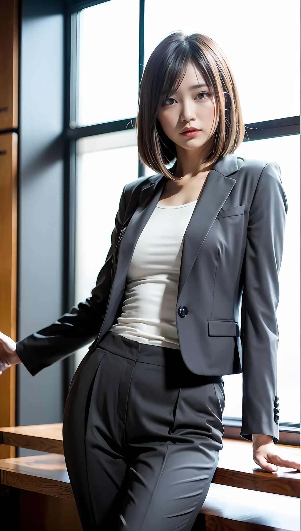 (best qualtiy,8k,32k,tmasterpiece,UHD:1.2),1girll,beautiful japanese woman,a narrow waist,grey suit,open shirts,office lady,White suit,trouser,,office room,office desk,(Stretch out your thighs:1.2),详细的脸,with short dark brown hair,