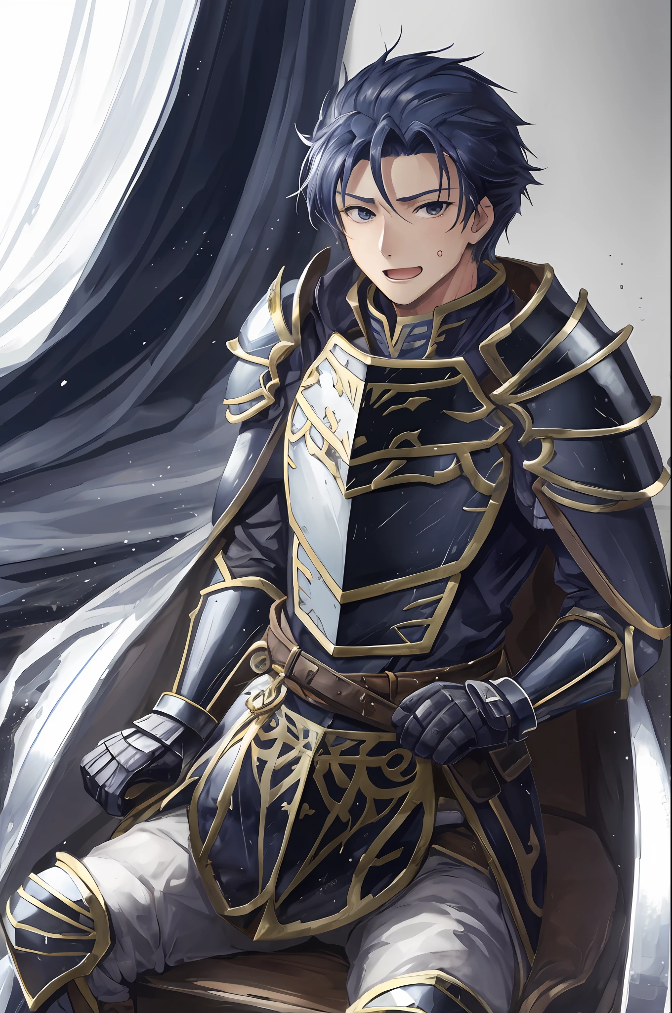 Hector Fey， 独奏， looking at viewert， Teasing laughter， Open your mouth，drools，perspire，Drenched，Get wet，mitts， 1 man， Male focus， sit astride（sit on chair），Cloak， Armour， Shoulder armor， POV from below