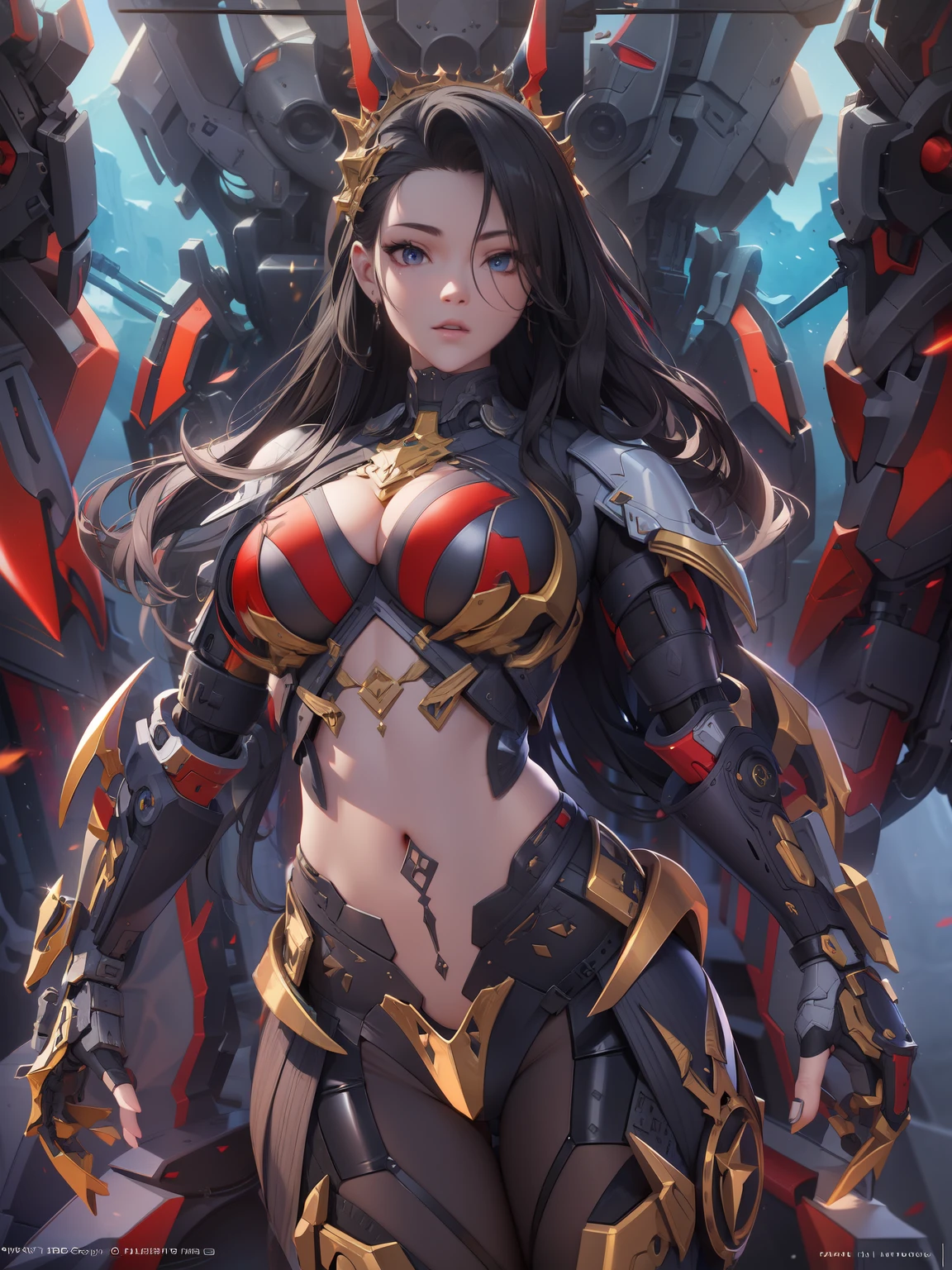 Exoskeleton mech，afofuturism，Gold and red theme style，offcial art，Unity 8k wallpaper，Hyper-detailing，Master masterpieces，，Best quality at best，A woman who is，（The is very detailed），（RAW photos，best qualtiy），（Realistis，realisticlying：1.3），High- sharpness，Open Your Mouth Lightly，Ultra-detailed complex face 3D  girl rendering，Mecha back，（highly detailedskin：1.2），），Beautiful Caucasian Woman，Soft breasts and fair skin ，Black color hair，eBlue eyes，long whitr hair，，dynamic angle，Mysterious expressions，fire glow effect，Fantasy background，edge lit，Side brightness，cinematric light，hyper HD，8K，filmgrain，Best shadow，light particules，detailed skin textures，Detailed jewel armor texture，detailed face with，with intricate detail，ultra - detailed，brightly，sturdy，Silver armor，，Slender abs， have glowing weapons，Mech shield，pole，（Beautiful huge mech crown with details）），shinning eyes，long cape，fanciful,,,,,hdr（HighDynamicRange）,Ray traching,NVIDIA RTX,Hyper-Resolution,Unreal 5,Subsurface scattering、PBR Texture、post-proces、Anisotropy Filtering、depth of fields、maximum definition and sharpness、Many-Layer Textures、Albedo e mapas Speculares、Surface coloring、Accurate simulation octane rendering of light-material interactions、Two-colored light、largeaperture、Low ISO、White balance、the rule of thirds、8K raw data、blackstockings