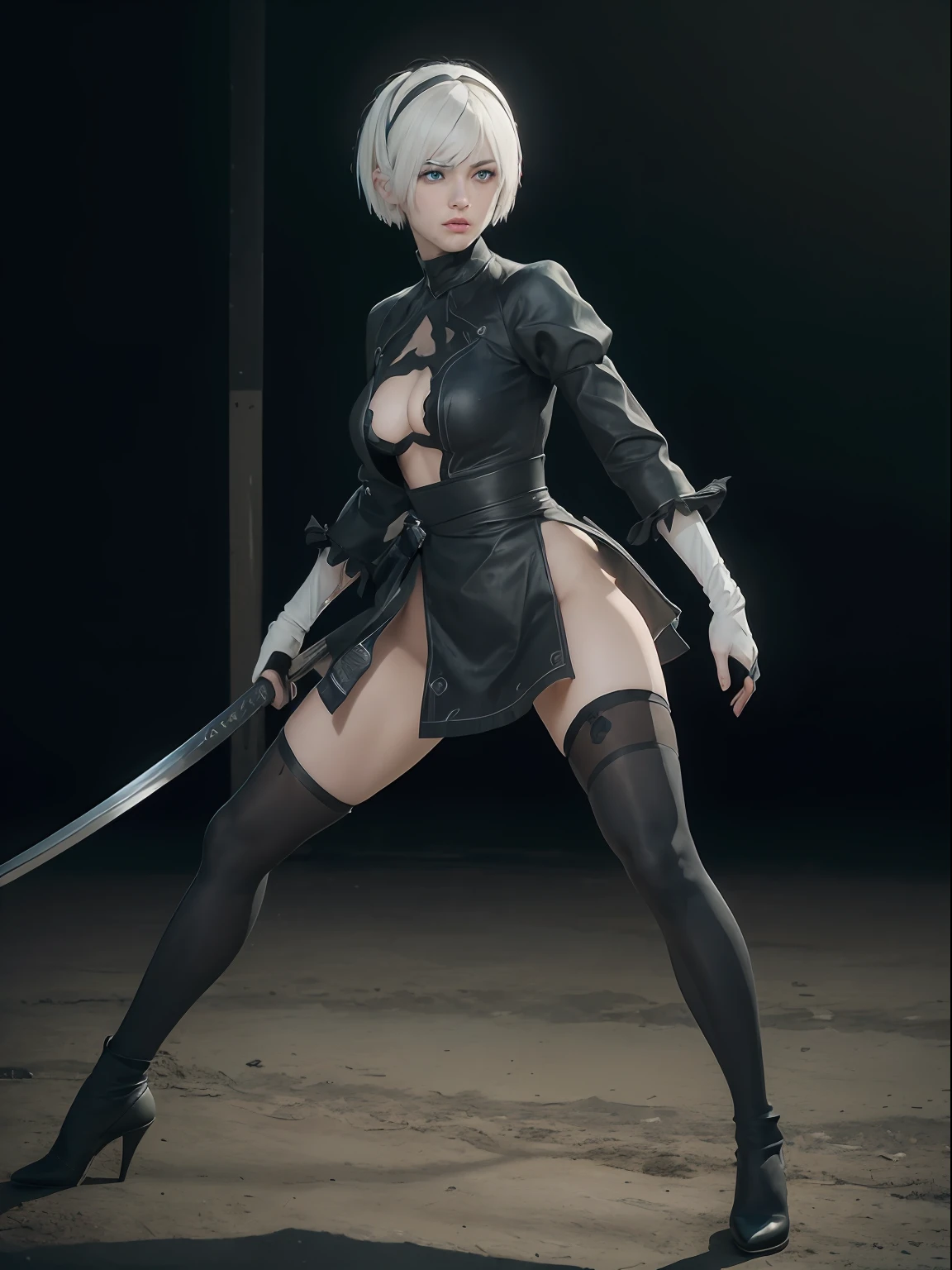 (masterpiece, best quality:1.4), (on the street), (fighting pose:1.5), (full body:1.2), (blue eyes), (1girl), (katana in her hand), solo, (european youth:1), 1girl, yorha no. 2 type b, (white-hair:1),  hyperrealistic, high detailed skin, dslr, soft lighting, high quality, highly detailed face, highly detailed clothes, highly detailed skin, skin pores, subsurface scattering, realistic pupils, medium breast, full face blush, full lips, detailed background, depth of field, volumetric lighting, sharp focus, absurdres, realistic proportions, good anatomy, (realistic, hyperrealistic:1.4), 16k hdr,