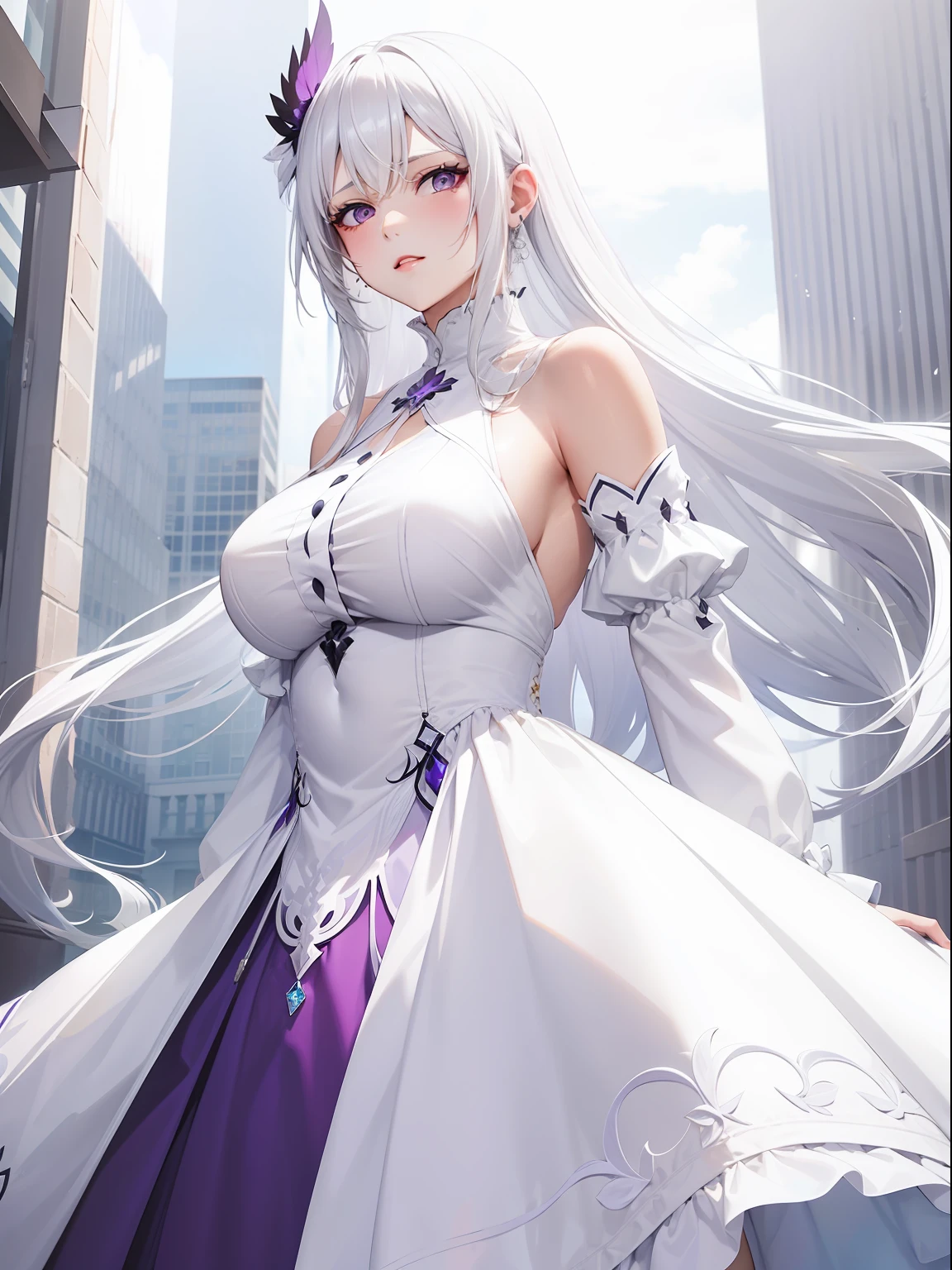 a women, white hair, purple eyes, white dress