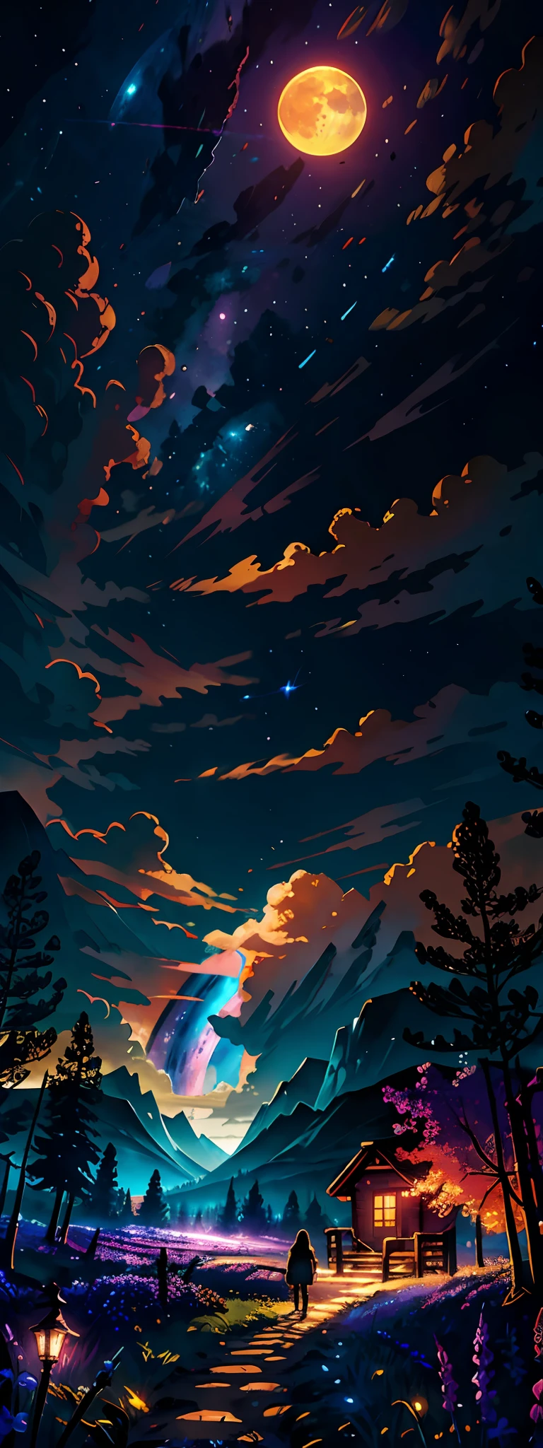 expansive landscape photograph , (a view from below that shows sky above and open field below), a girl standing on flower field looking up, (full moon:1.2), ( shooting stars:0.9), (nebula:1.3), distant mountain, tree BREAK
production art, (warm light source:1.2), (Firefly:1.2), lamp, lot of purple and orange, intricate details, volumetric lighting BREAK
(masterpiece:1.2), (best quality), 4k, ultra-detailed, (dynamic composition:1.4), highly detailed, colorful details,( iridescent colors:1.2), (glowing lighting, atmospheric lighting), dreamy, magical, (solo:1.2)