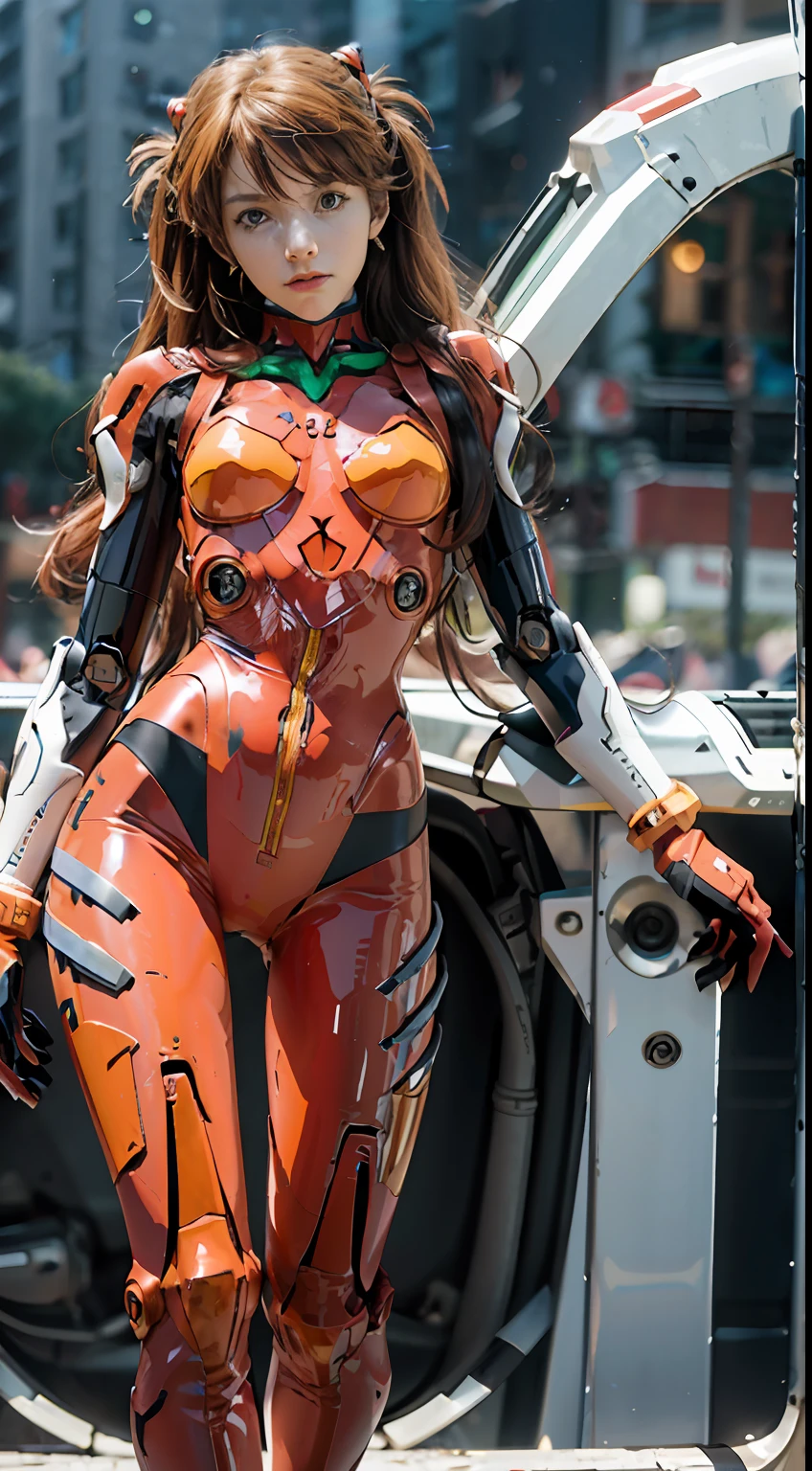 (realistic: 1.3) (original: 1.2), masterpiece, best quality, (((beautiful clean face))), fullbody, ((robot girl, mecha)), broken armor, mechanical halo, mechanical arms, white hair, long hair, ceramic body, thigh gap, small breast, cyber background, extreme detailed city, EVA 02,Souryuu Asuka Lanley，(translucent body, reflection skin), 8k, best quality, ultra detailed, (hyperrealistic:1.4),