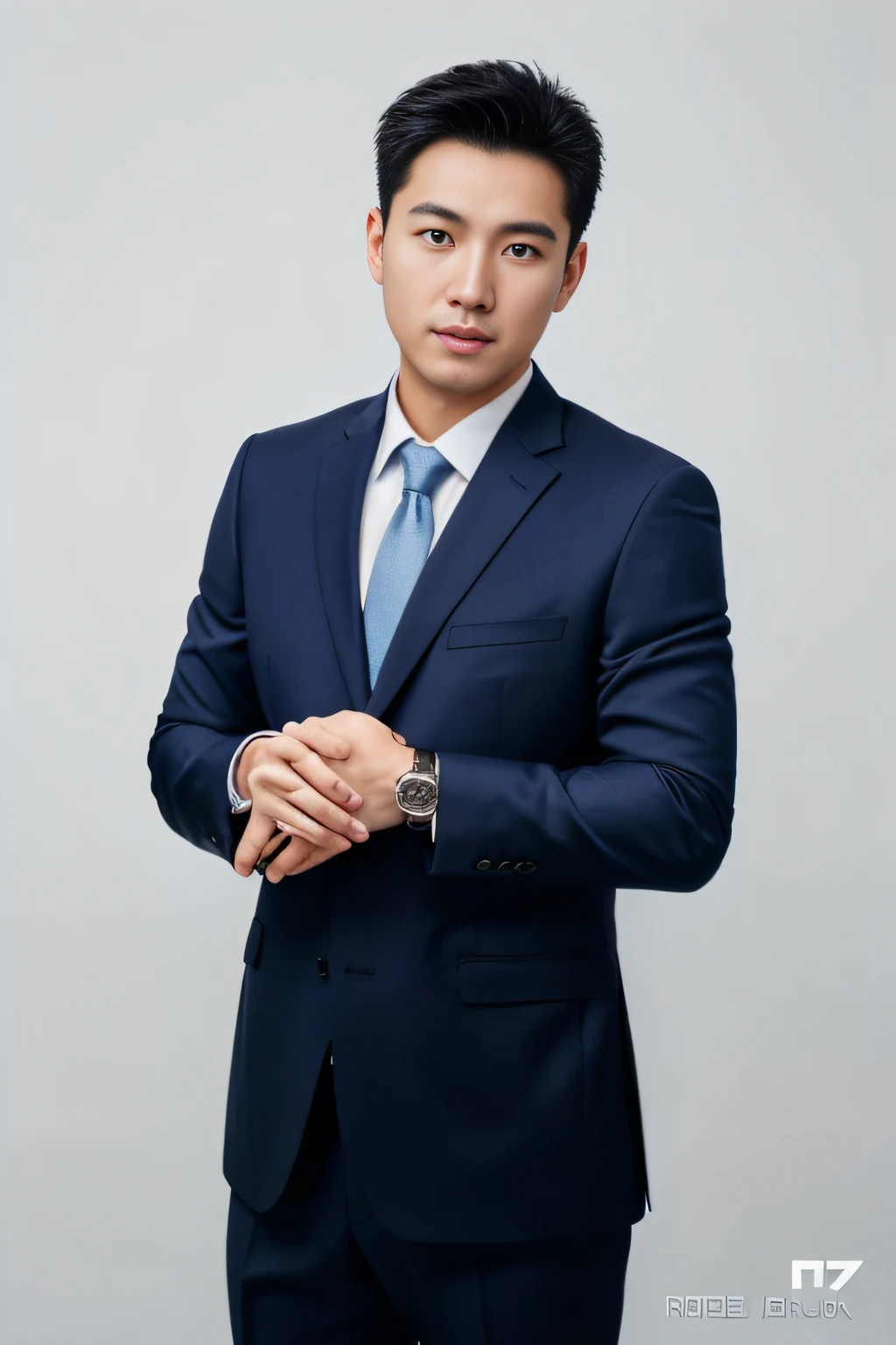 The Arafed man in a blue suit and tie is looking at his watch, Professional profile photo, wearing a dark blue suit, dressed in a suit, dressed in a suit, dressed in a suit, wenjun lin, wear suit, jinyiwei, wearing fashion suit, Blue suit, ryan jia, professional profile picture, Li Zixin, wear suit, professional picture，Retina screen，hyper HD，Textured skin，A high resolution，anatomy correct，atmospheric distance sense，Perspectiva subjetiva，Standing painting style，face ultra details，best qualtiy，8k，Chinese things，Super realistic，Star temperament