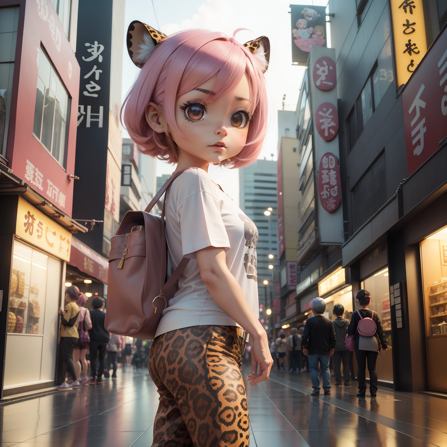 (((chibi3d)))Woman in her 80s,old female, Leopard print t-shirt, Leopard Print Spats, Leopard Print Pumps,A unique pink bag is slanted from the shoulder,Osaka,Dotonbori,Bustling street