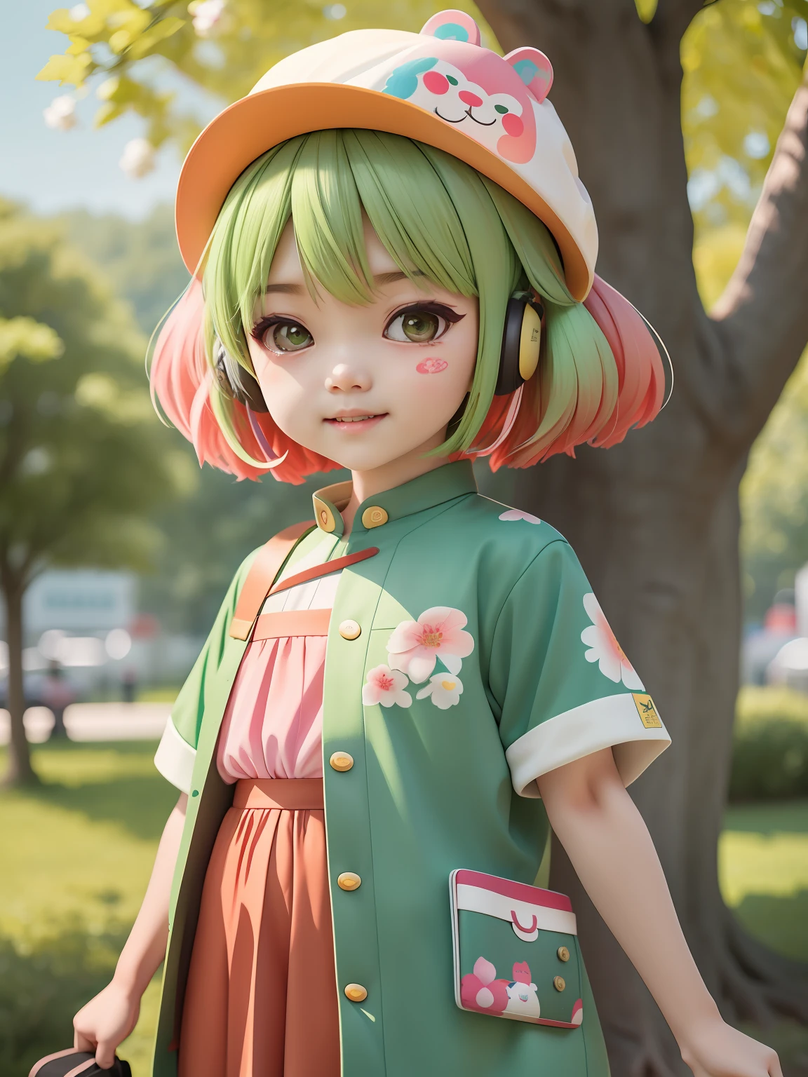 (Daisaku),(Need),(Super meticulous),(full bodyesbian:0.7),1boy,tchibi,adolable,ssmile,Open-mouthed,城市,florals,Outdoors,Music,Fluff cap,Hold thunderbolts,Manteau,Blushlush,The tree,:3,The shirt,short detailed hair,SakuraNS,green headwear,Blurred,red tinted hair,Blush stickers,short- sleeved,By bangs,Earphone(beautiful detailed face),(美丽细致的眼睛),