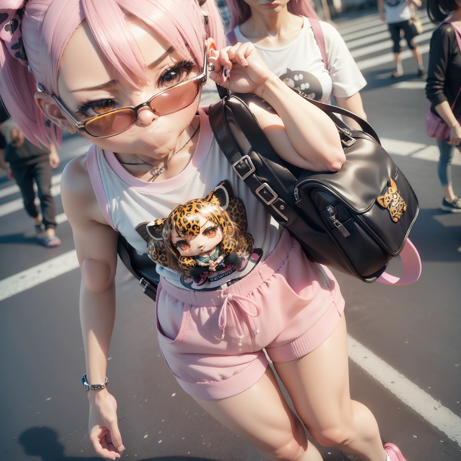(((chibi3d)))Woman in her 80s, Leopard print t-shirt, Leopard Print Spats, Leopard Print Pumps,A unique pink bag is slanted from the shoulder,Osaka,Dotonbori,Bustling street