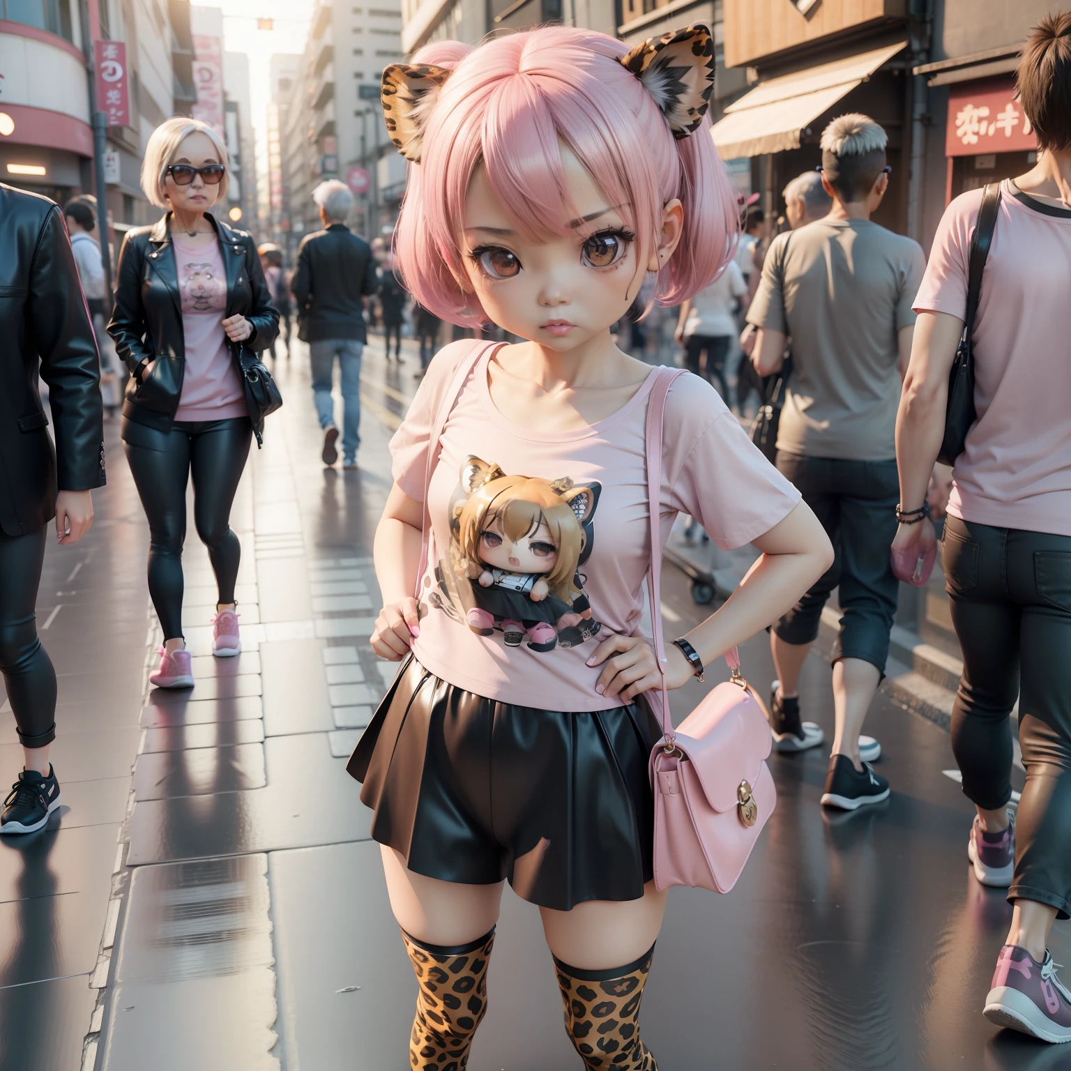 (((chibi3d)))Woman in her 80s, Leopard print t-shirt, Leopard Print Spats, Leopard Print Pumps,A unique pink bag is slanted from the shoulder,Osaka,Dotonbori,Bustling street