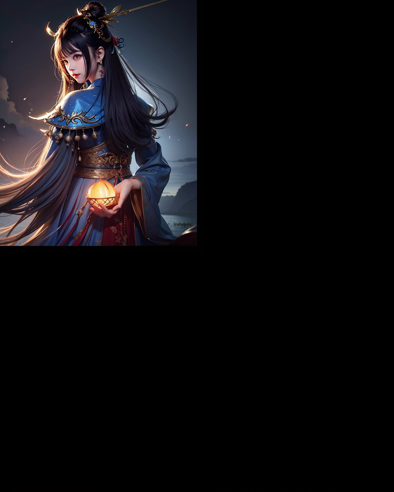 masterpiece, best quality, night, hill, clouds, full moon, long hair, woman, silhouette, fireflies,diaphragm.