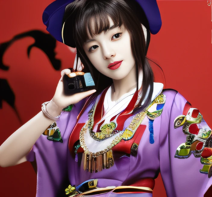 Woman in purple and red dress holding mobile phone,