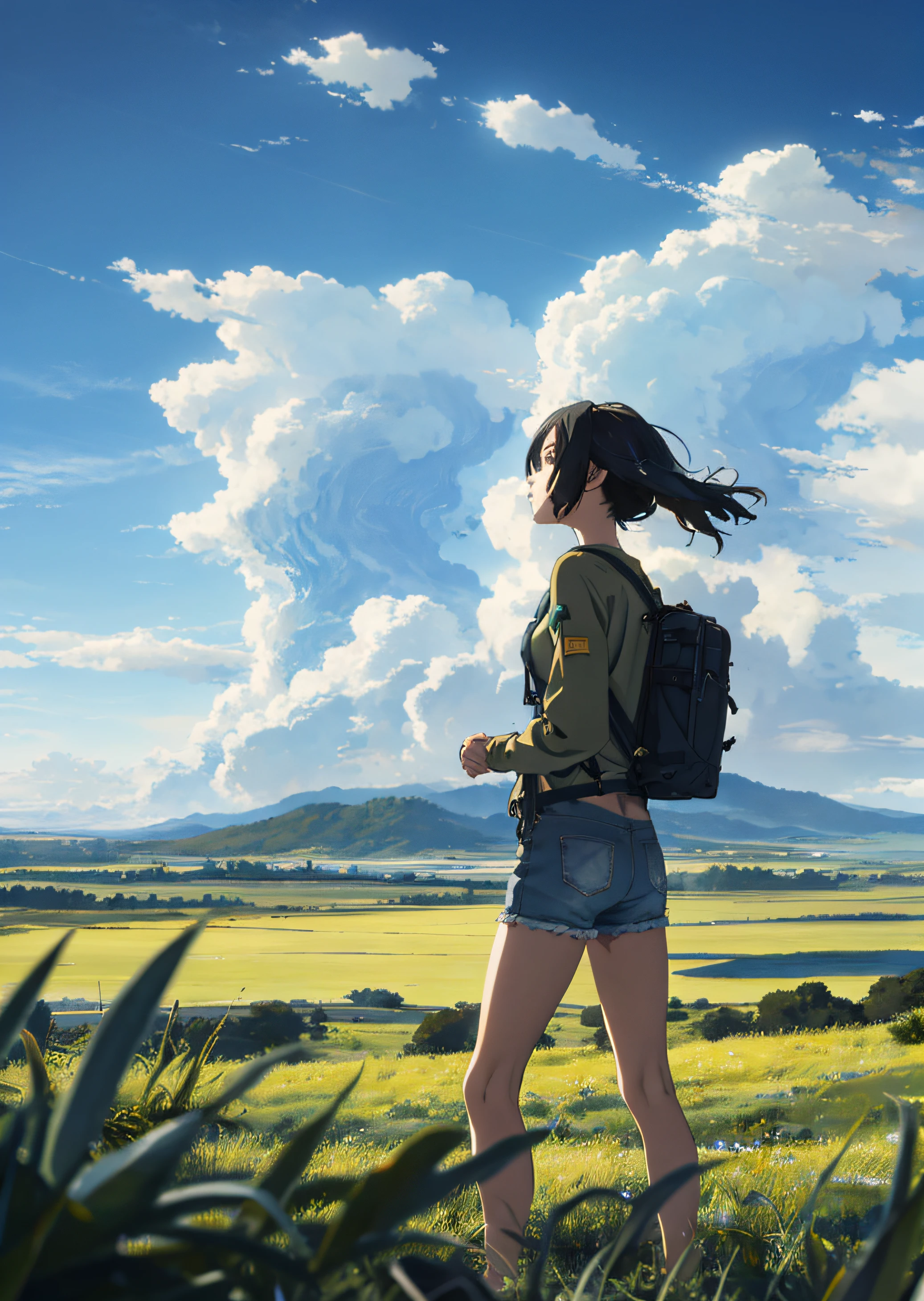 The vast sky, beautiful skyline, large grasslands, extremely tense and dramatic pictures, moving visual effects, the high-hanging Polaris, and colorful natural light. Long-sleeved top, denim shorts, and a girl with a backpack.