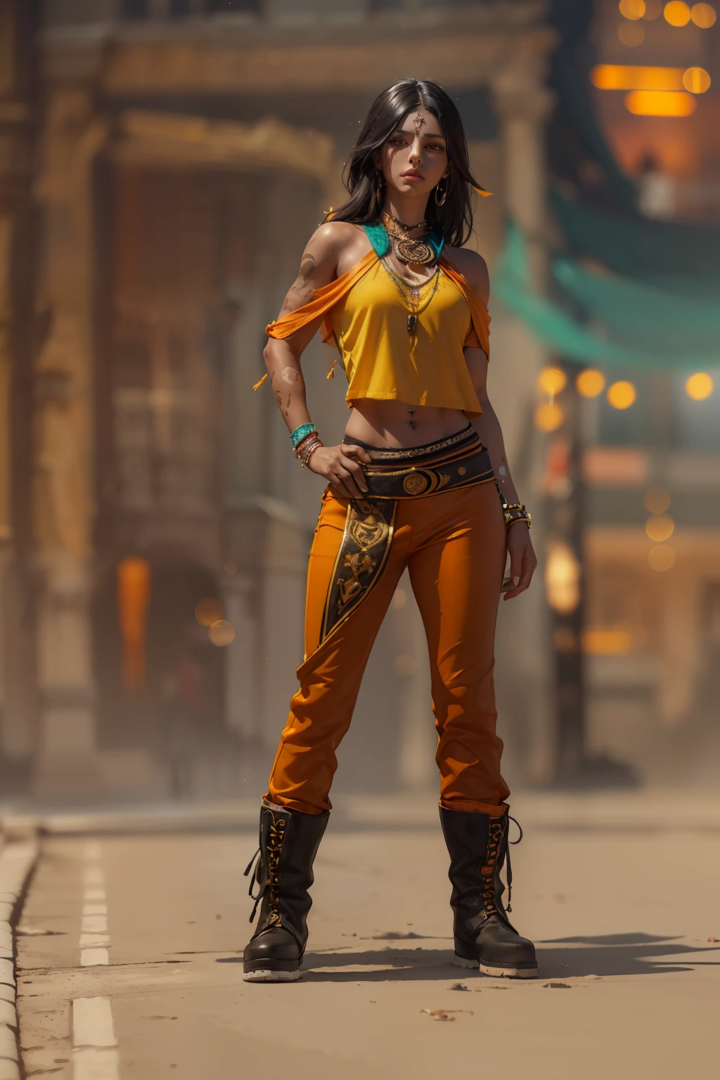 (
(Character: one mexican woman, mystic, brown skin, black medium messy hair, abs)
(Clothing: orange inca poncho, inca pants, amulets, inca tattoos, boots)
(Pose: full body shot:1.7, dynamic pose)
(blurry, intense urban lights in background)
(Style: ((masterpiece:1.5)), (face detailed), photo-realistic:1.3, hyperrealistic, foggy, high contrast, shiny skin, soft lighting, backlighting, bloom, light sparkles, chromatic aberration)