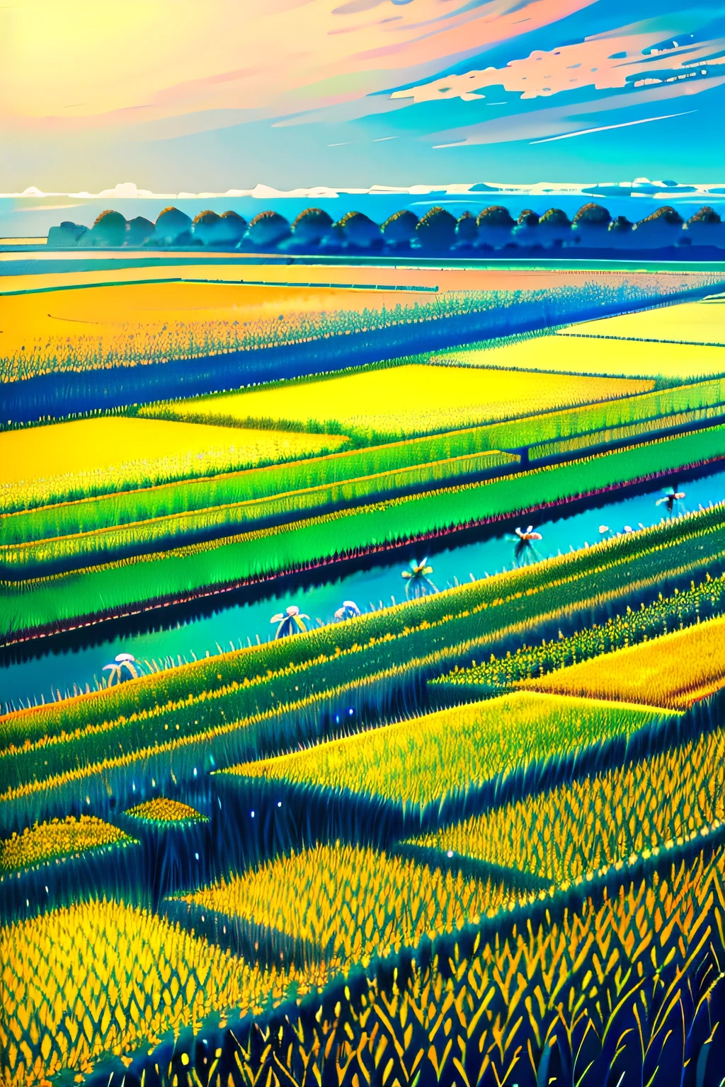 with blue sky and white clouds,autumnal,Yellow rice,ricefield,mont,Great view of the farmland