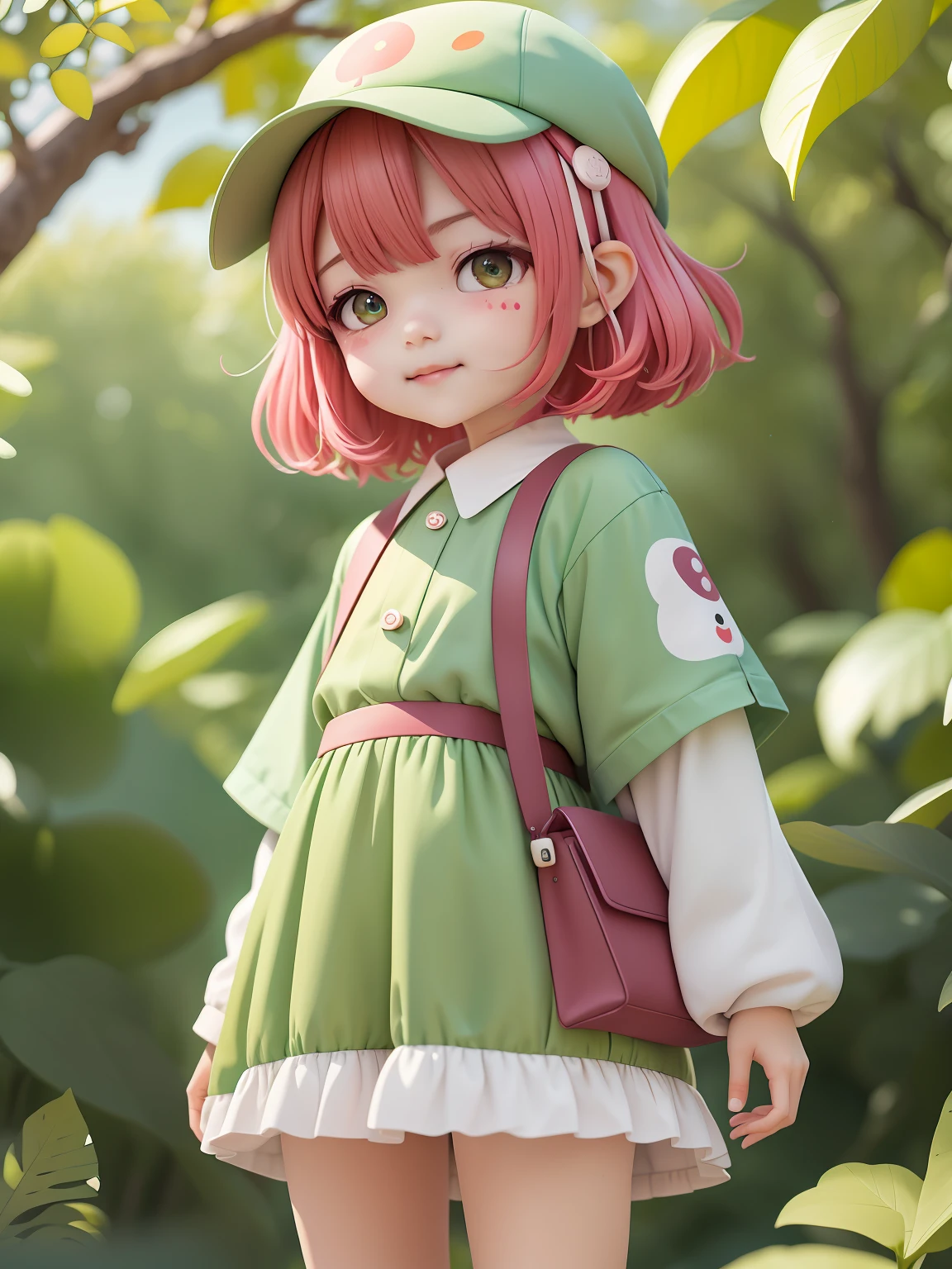 (Daisaku),(Need),(Super meticulous),(full bodyesbian:0.7),1boy,tchibi,adolable,ssmile,Open-mouthed,城市，florals,Outdoors,Music,Fluff cap,Hold thunderbolts,Manteau,Blushlush,The tree,:3,The shirt,short detailed hair,SakuraNS,green headwear,Blurred,red tinted hair,Blush stickers,short- sleeved,By bangs,Earphone(beautiful  detailed face),(美丽细致的眼睛),