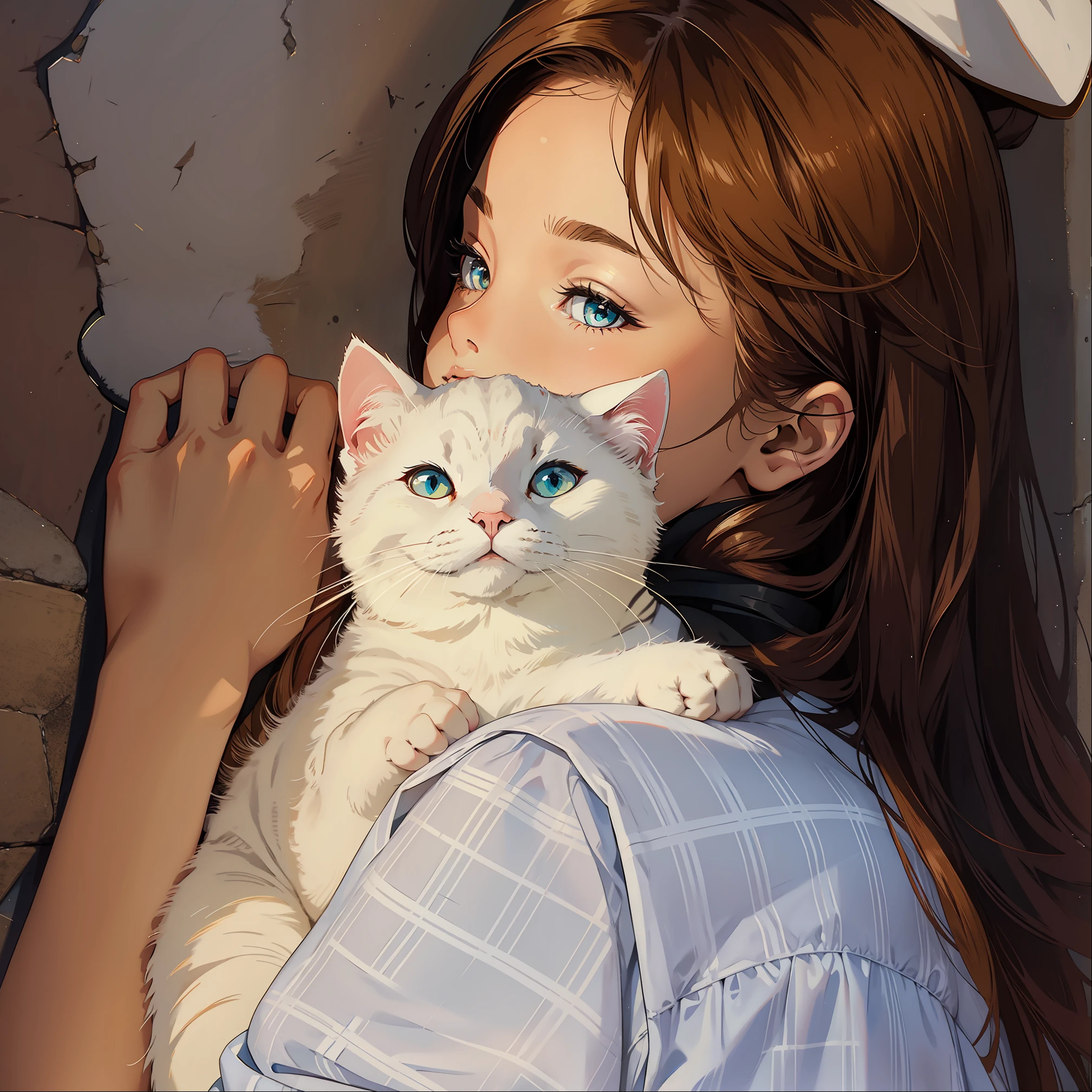 white cat,Cute girl,Cover half of your face