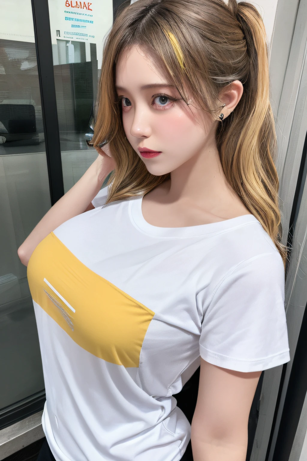 (1girl),large breasts, breasts, tan, dewy skin, sweaty skin, wavy blonde hair, punk tshirt, punk girl