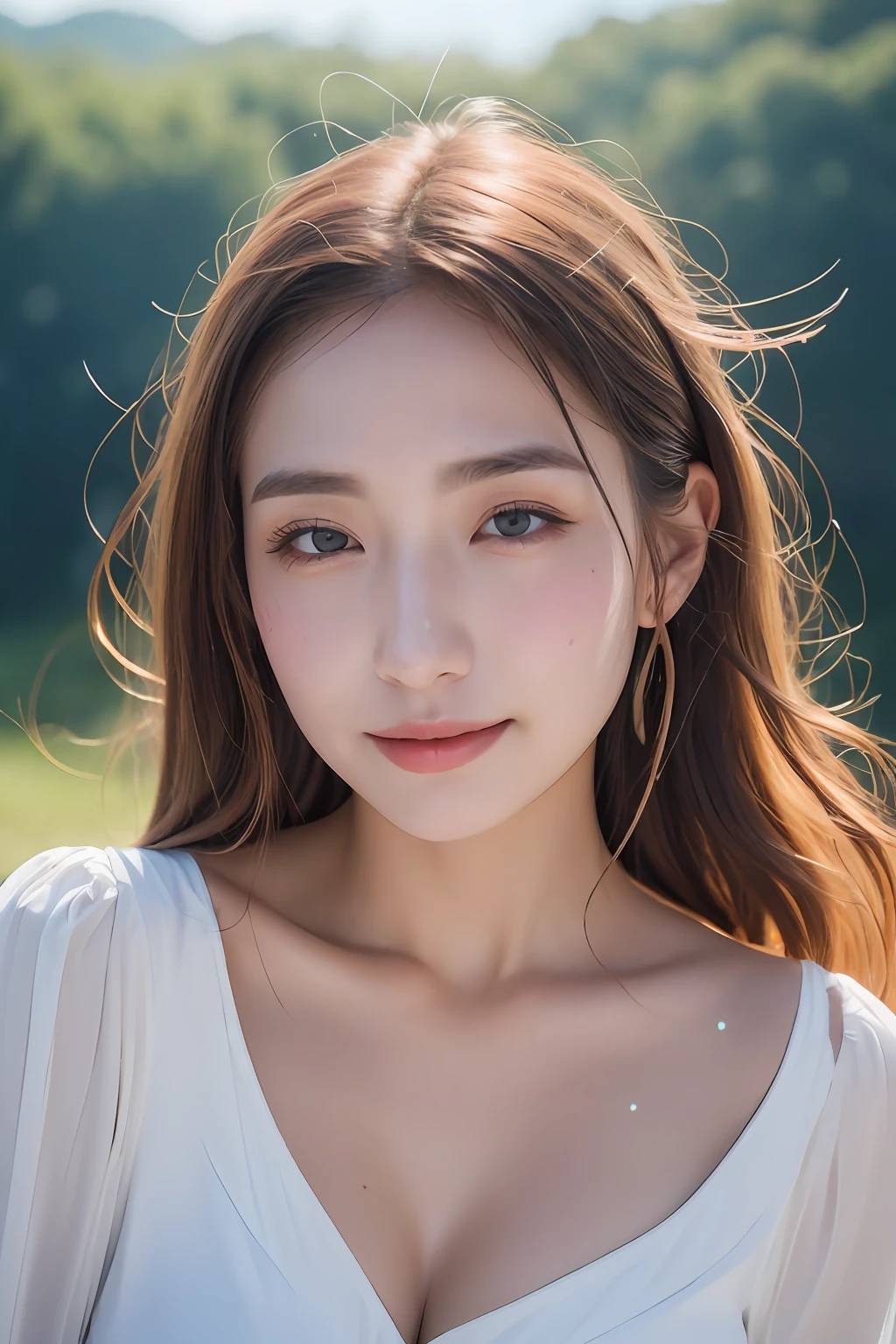 (( Realistic light, Best quality, 8k, Masterpiece :1.3)), 1girl, small mole under eyes, smile, closed eyes, small moles on the breast, Pretty woman with slender figure :1.4, abs :1.1, korean, pale-skin, (floatingwavy silk-brown hair, floating hair by wind, big_breasts :1), (deep_cleavage), white offshoulder shirt:1.2, long sleeves wet by wind, (sweaty skin:1.3), standing, night in the mountain, campfire light, Ultra-detailed face, Detailed eyes, Double eyelid, shiny skin, cowboy shot