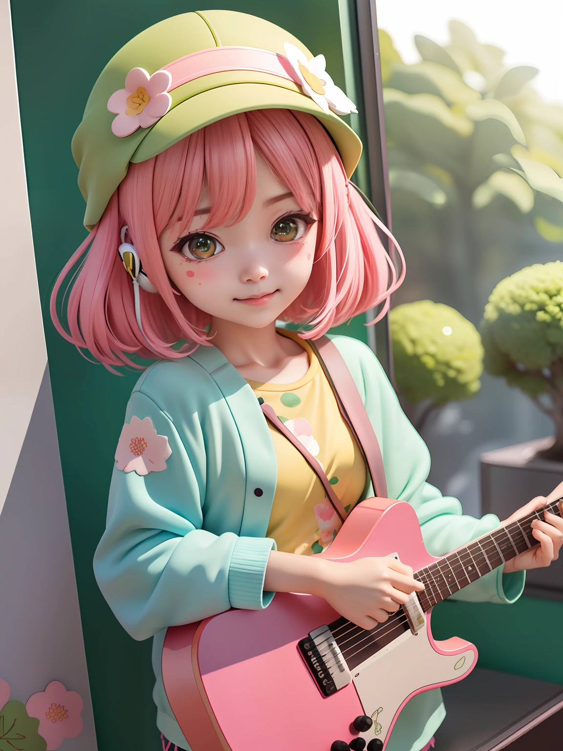 (Daisaku),(Need),(Super meticulous),(full bodyesbian:1.3),1girl,tchibi,adolable,ssmile,Open-mouthed,florals,inside in room,plays the guitar,Music,Fluff cap,Hold the guitar,Manteau,Blushlush,The tree,:3,The shirt,short detailed hair,SakuraNS,green headwear,Blurred,A pink-haired,Blush stickers,short- sleeved,By bangs,Earphone,brunette color hair,pinkflower,(beautiful detailed face),(美丽细致的眼睛),