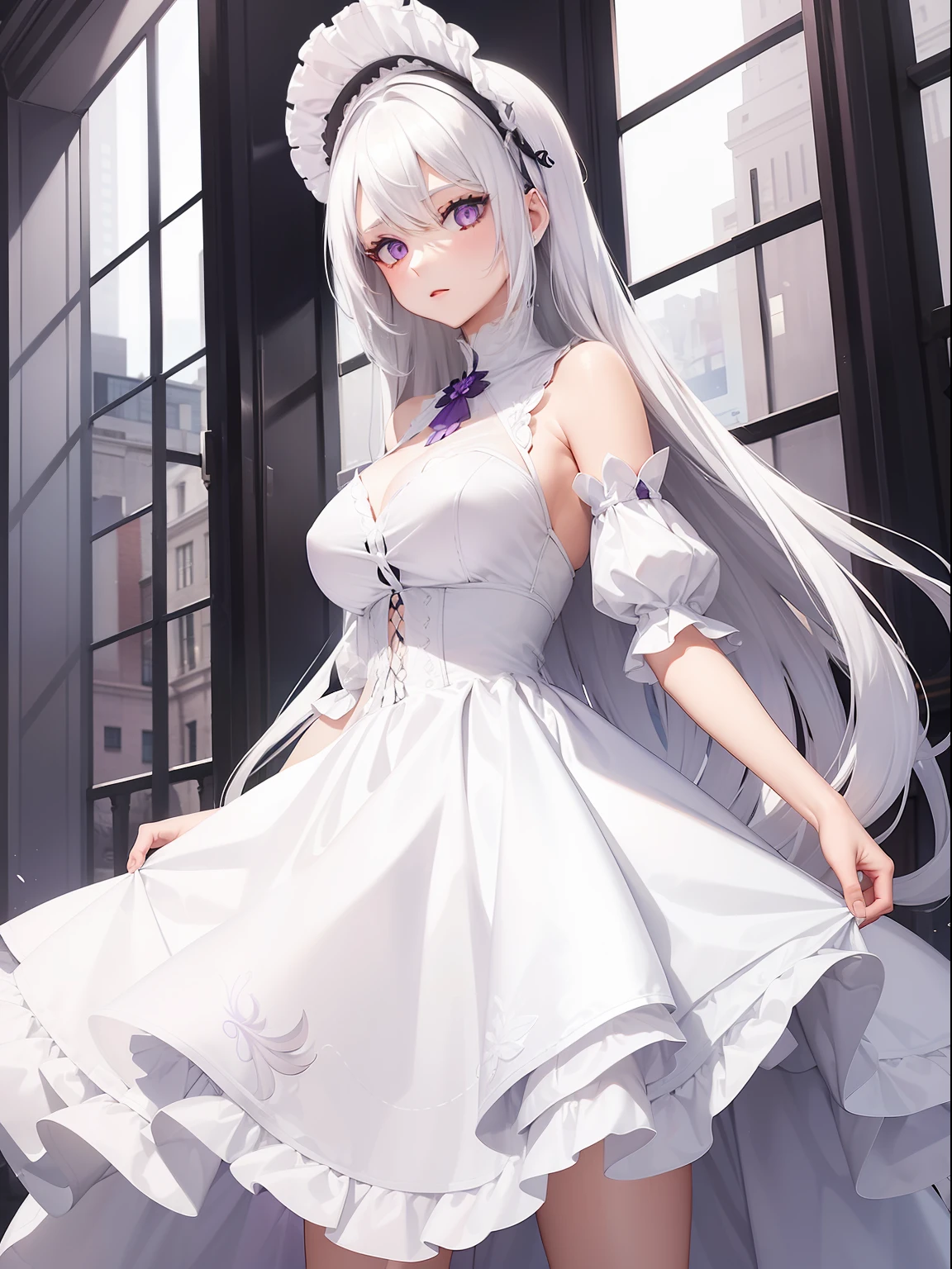 a women, white hair, purple eyes, white dress