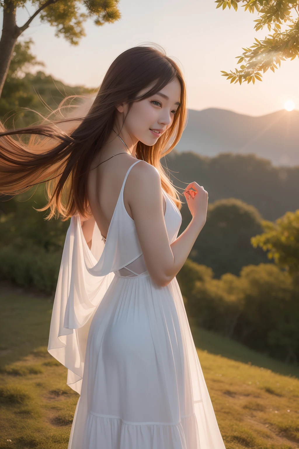 In the sky as the sun goes down、A forest that makes you feel a fantastic world。A beautiful girl with a smile stands there.、Beautiful white dress fluttering in the wind。Her profile、Dyed in the color of the sunset、The girl's expression is full of gentle healing and charm。It was like a realistic painting...、You can also feel the sensual element that the word Eros indicates。The whole scenery is、It is wrapped in cuteness and fantastic beauty as if you were in a dream...。Exist in the real world。Exposure
