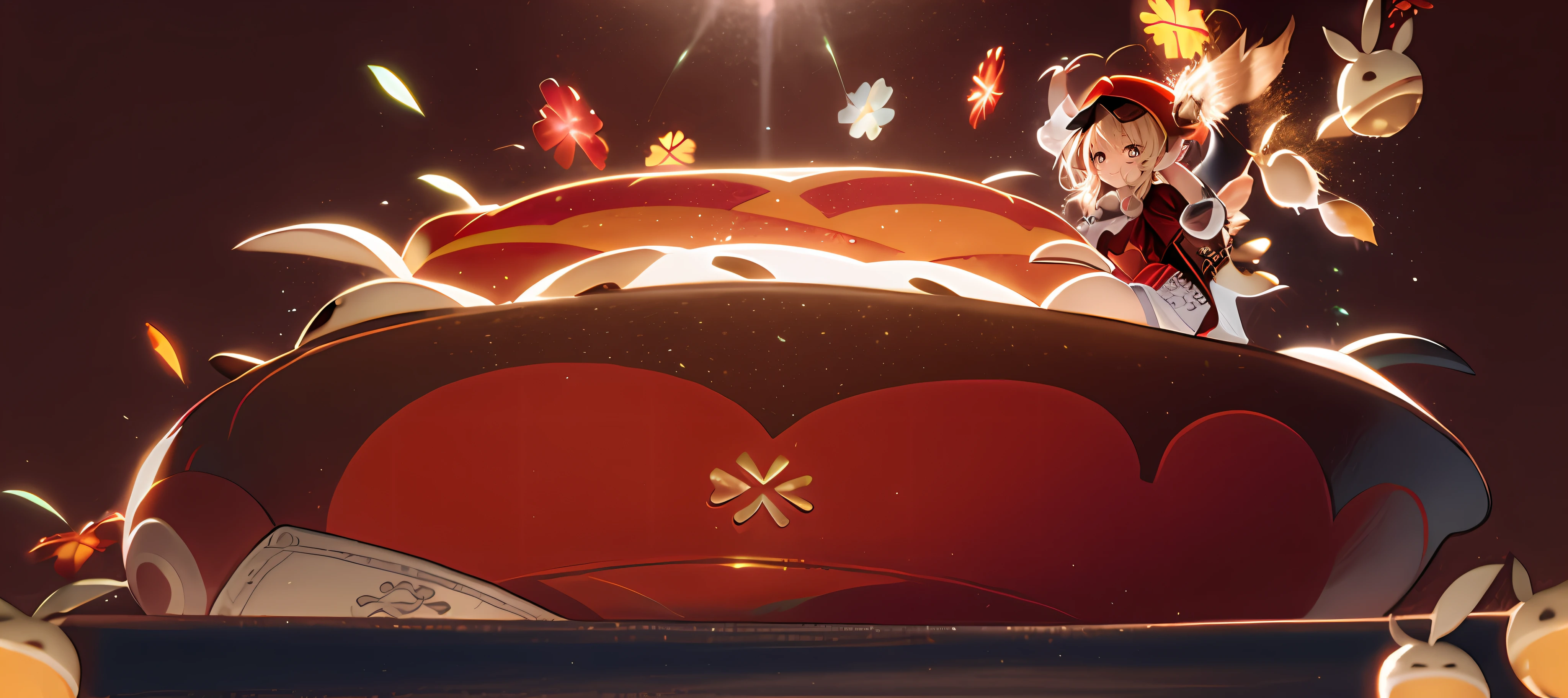 masterpiece, best quality,  1girl,smile,red hat,pointy ears,backpack,ahoge,dress,long sleeves,ribbed legwear,knee boots,dodoco \(genshin impact\), jumpy dumpty,charm \(object\), grey background,