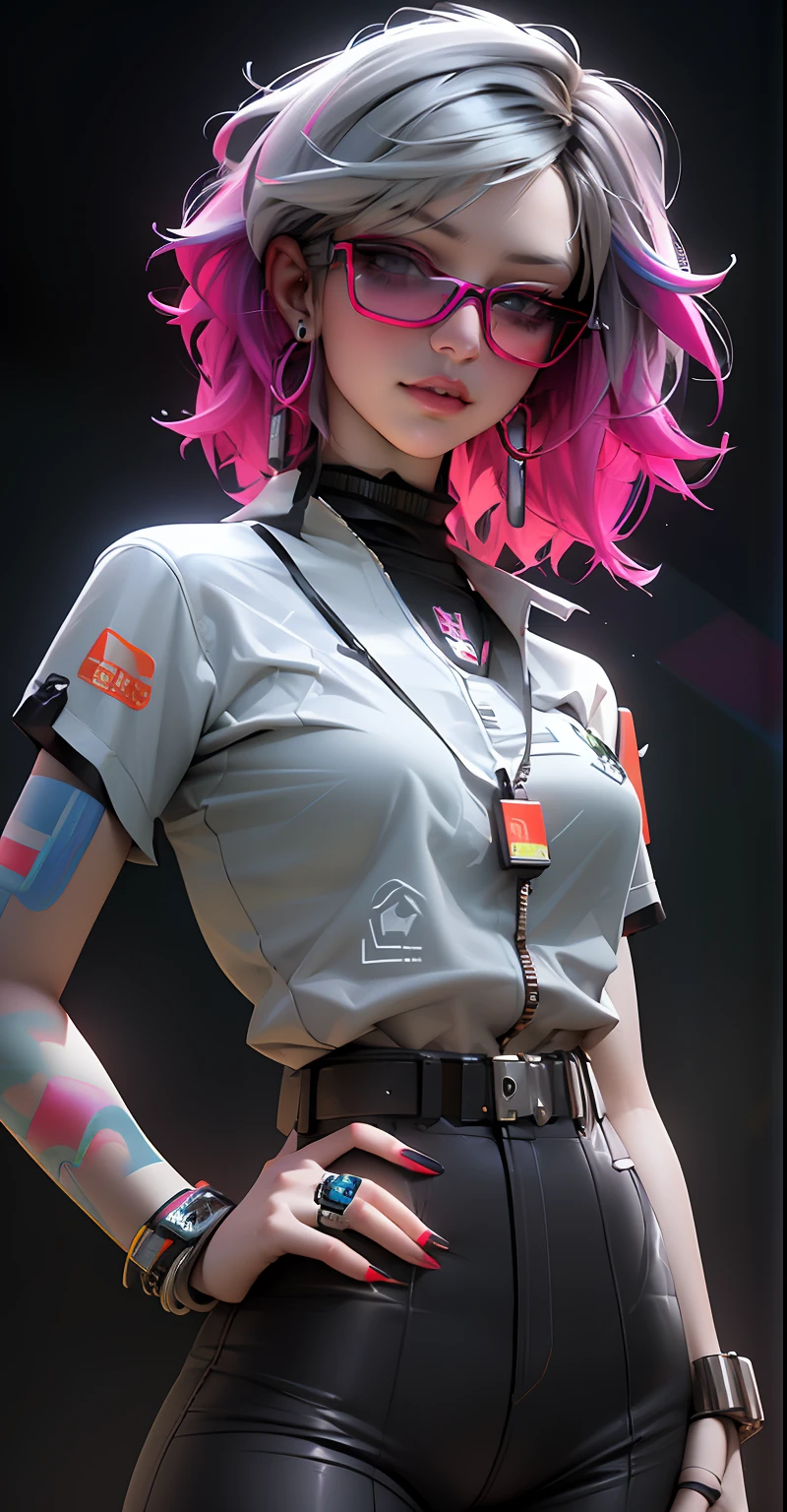 arafed woman with colorful hair and piercings posing for a picture, cyberpunk style color, cyberpunk art style, muted cyberpunk style, hyper-realistic cyberpunk style, cyberpunk style, cyberpunk vibe, cyberpunk style outfit, cyberpunk 2 0 y. o model girl, inspired by Yanjun Cheng, cyberpunk style ， hyperrealistic, artwork in the style of guweiz