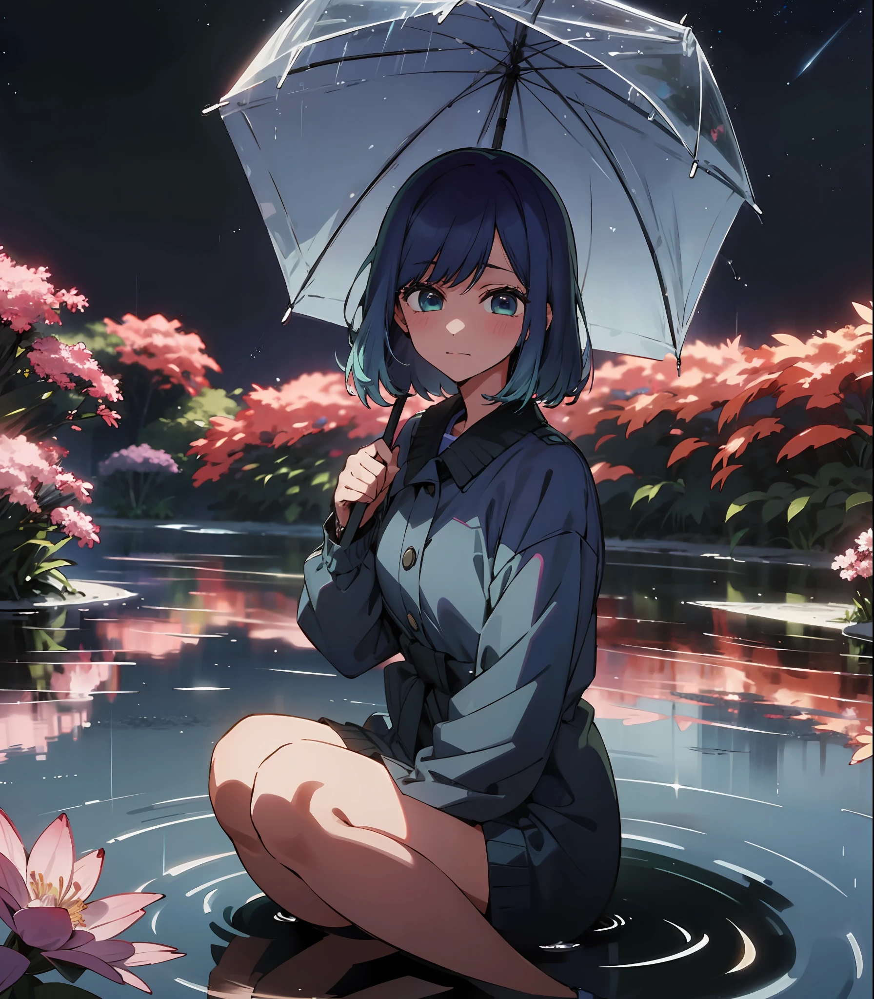 "A girl, Kurokawa Akane, with blue hair and eyes, sitting in a puddle, during a rainy night, under the shining stars. Surrounded by a vibrant flower field, glowing with colorful blooms. The foliage is wet and glistening."