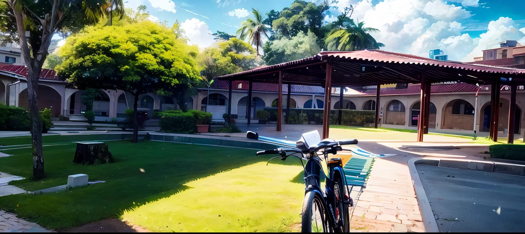 There is a bicycle parked on the grass near a building, school courtyard, Outside, bicicleta no fundo, Casa colonial no fundo, ambiente tranquilo, Vista frontal, imagem frontal, com um parque nos fundos, gazebo em segundo plano, Assumido em Go Pro Hero8, Arredores exuberantes, college, Directed by: David Ruby, against the backdrop of trees