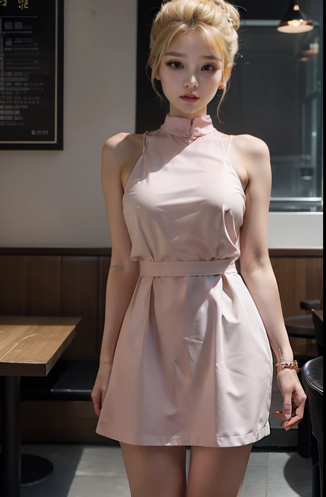 one woman, hair up, blonde, black eyes, short pink dress , sharp body, inside the restaurant , detailed body, detailed face, best quality, high quality, masterpiece, korean