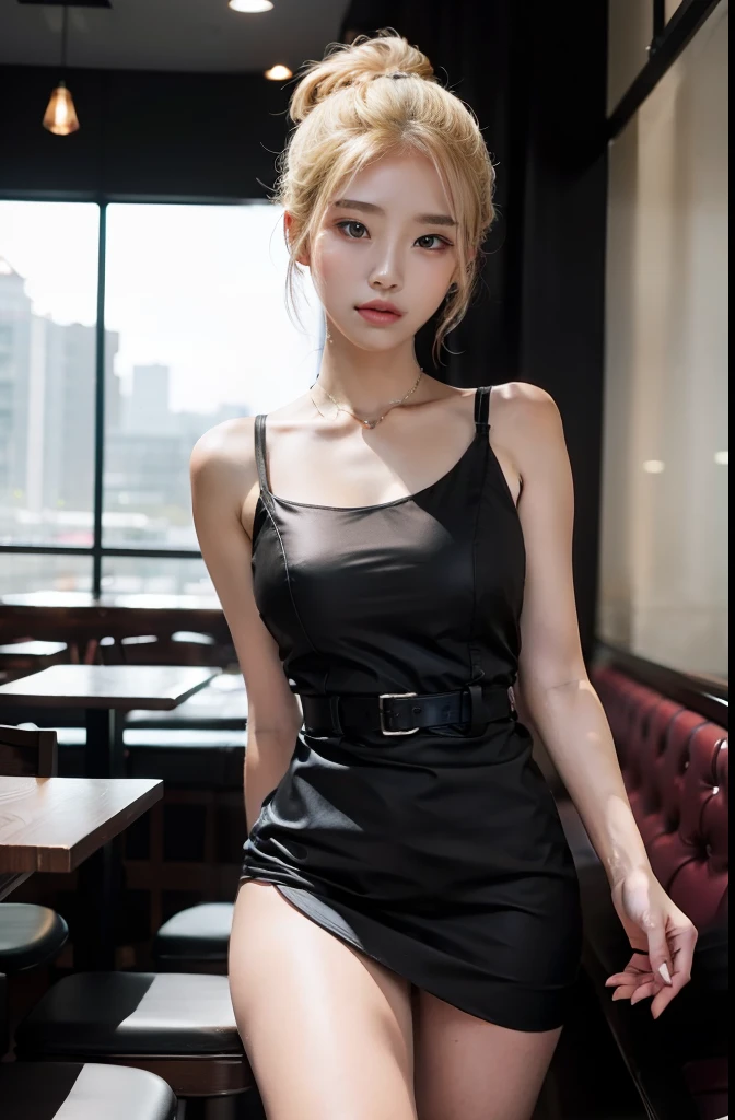 one woman, hair up, blonde, black eyes, short pink dress , sharp body, inside the restaurant , detailed body, detailed face, best quality, high quality, masterpiece, korean