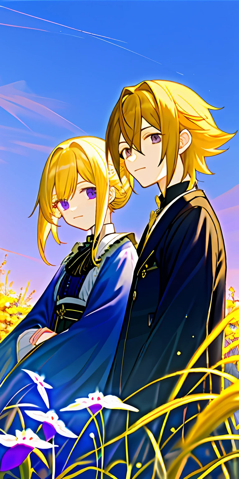 （tmasterpiece，best qualtiy），2 siblings，Yellow hair，Leaning together，Violet blue sky。