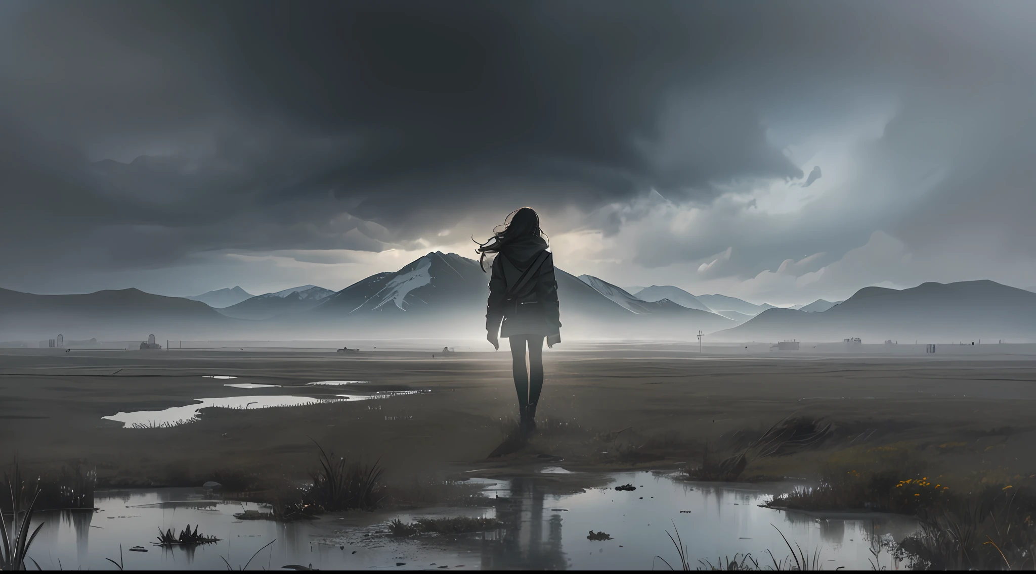 16K, HDR, RTX, ray tracing, anisotropic filtering, subsurface scattering, albedo, best quality, masterpiece, realistic, highly detailed, dark vast open landscape, 1girl , solo, ((closeup)), beautiful, jacket, long hair, post apocalyptic world, grey clouds, no grass, hideo kojima style, gloomy atmosphere, windy, foggy, mysterious, main palette is grey, tense, serious, dangerous, horizon, mountains, rain, wet