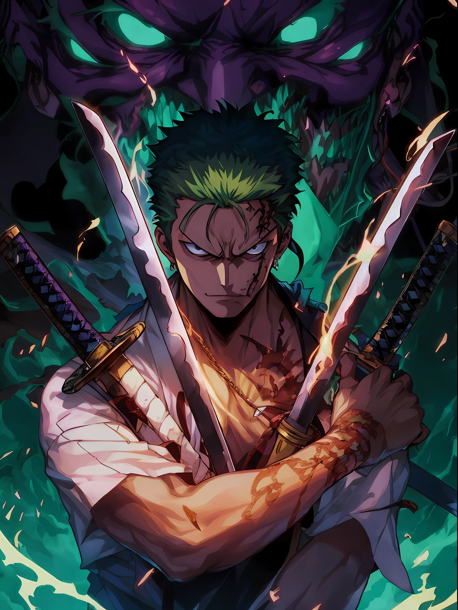 anime character with two swords in front of a demon, roronoa zoro, badass anime 8 k, anime epic artwork, 4 k manga wallpaper, anime wallpaper 4 k, anime wallpaper 4k, 4k anime wallpaper, anime wallaper, anime art wallpaper 4k, anime art wallpaper 4 k, anime masterpiece, anime style 4 k, anime art wallpaper 8 k