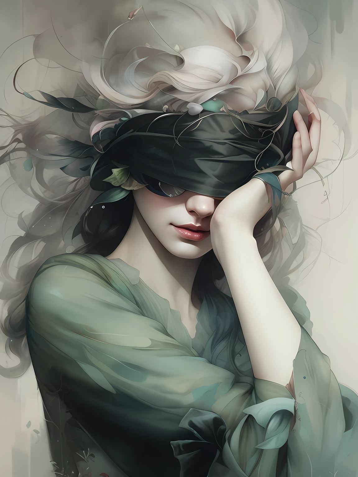 Draw a woman with a blindfold covering her eyes, james jean and wlop, Phlegm sputum, phlegm |, by WLOP, casey baugh and james jean, Artgerm and James Jean, art by wlop, yuri shwedoff and tom bagshaw, By Li Song, Blind, monia merlo, author：yanjun cheng, anna dittmann