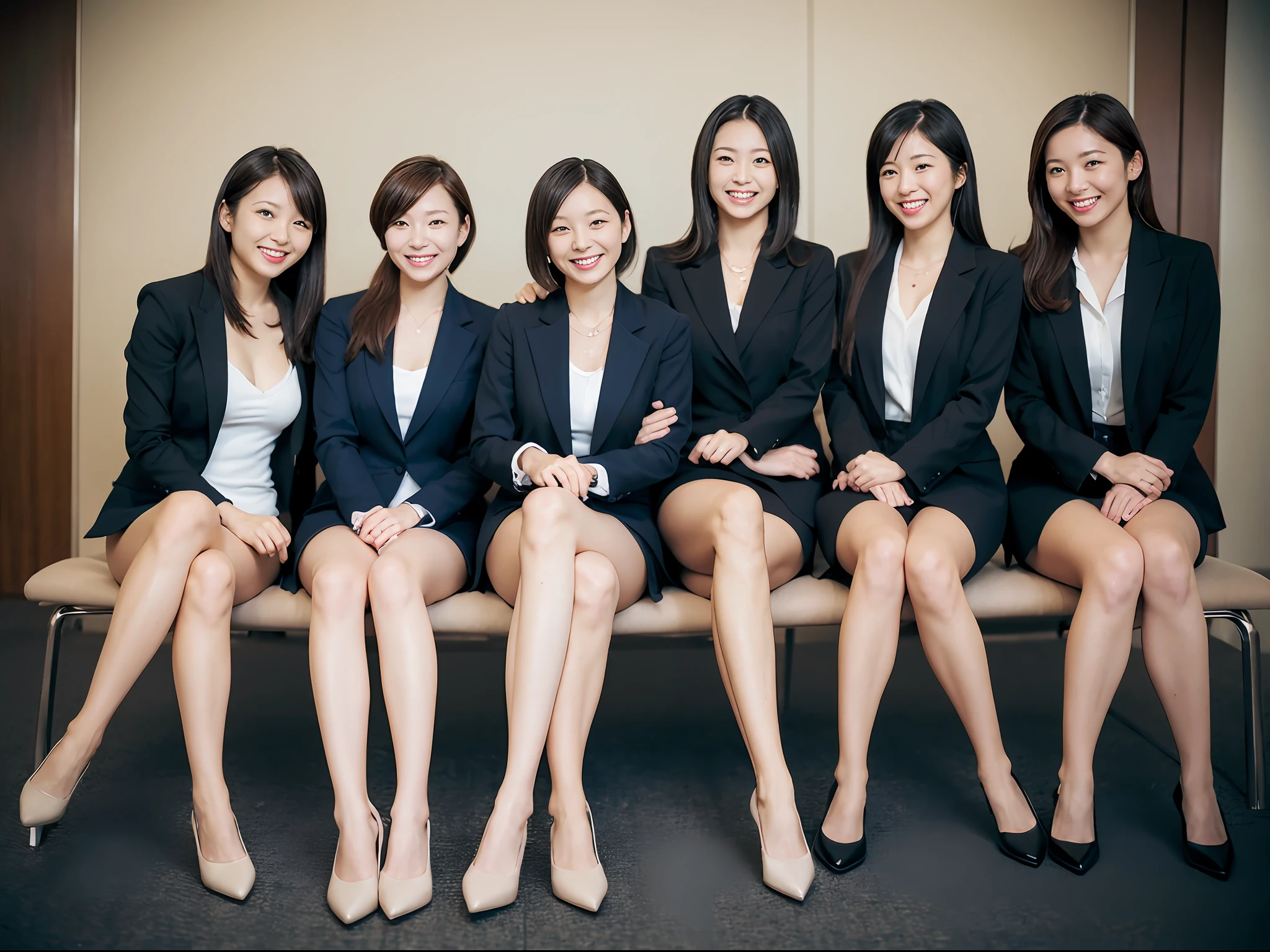 (masutepiece:1.3), (8K, Photorealistic, Raw photography, Best Quality: 1.4), (Lifelike face), Realistic eyes, Beautiful eyes, (realskin), Beautiful skin, Ultra high definition, Hyper-realistic, hight resolution, Beautiful Japan Woman、(suits:1.2)、、(A smile:1.5)、(3 persons:1.5)、(sit down and open your legs wide:1.4)、Colossal tits、Officelady、a miniskirt、
