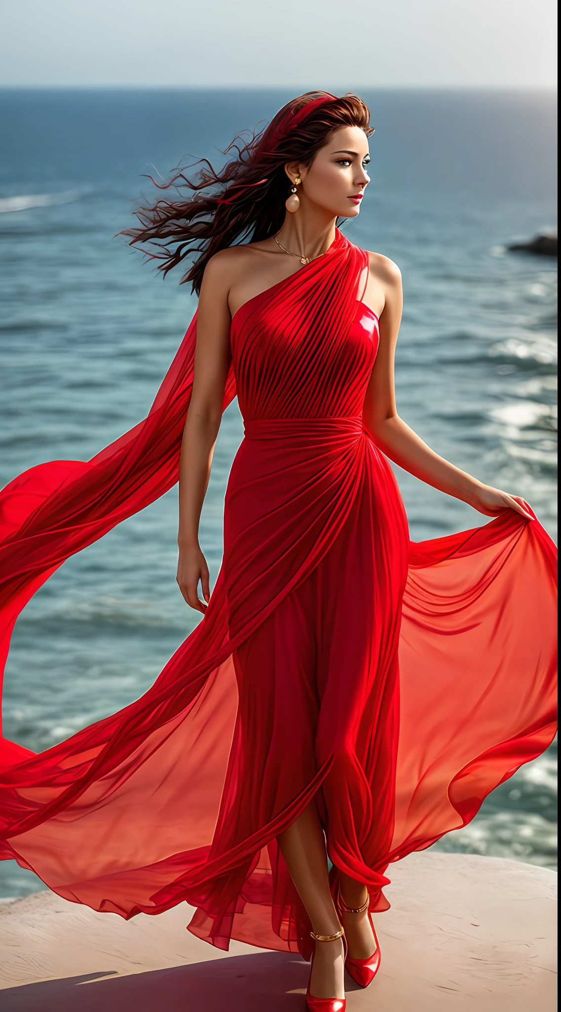 The woman, European appearance, It flies like a bird over the sea. Dressed in a translucent red dress, Translucent red scarf develops in the wind. pearls, a gold, Expensive jewelry.