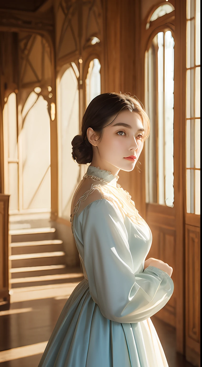 Antique bandeau dress, literary and artistic, beautiful, elegant, slender eyebrows, clear eyes, rosy lips, soft skin, satin long-sleeved blouse with golden edges, antique long-sleeved dress, fuqin posture, waiting posture, palatial palace, azure sky, quiet courtyard
