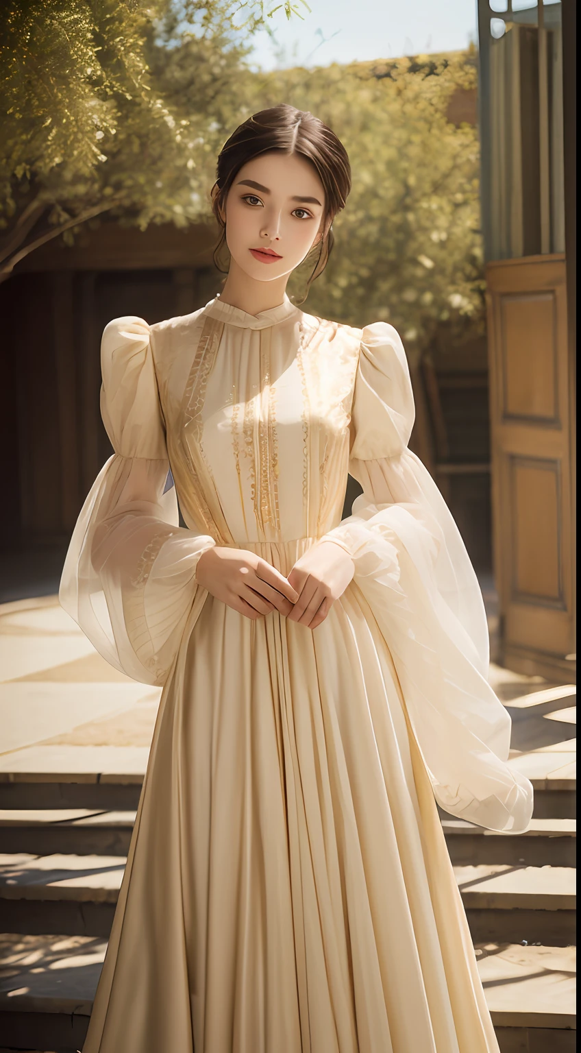 Antique bandeau dress, literary and artistic, beautiful, elegant, slender eyebrows, clear eyes, rosy lips, soft skin, satin long-sleeved blouse with golden edges, antique long-sleeved dress, fuqin posture, waiting posture, palatial palace, azure sky, quiet courtyard