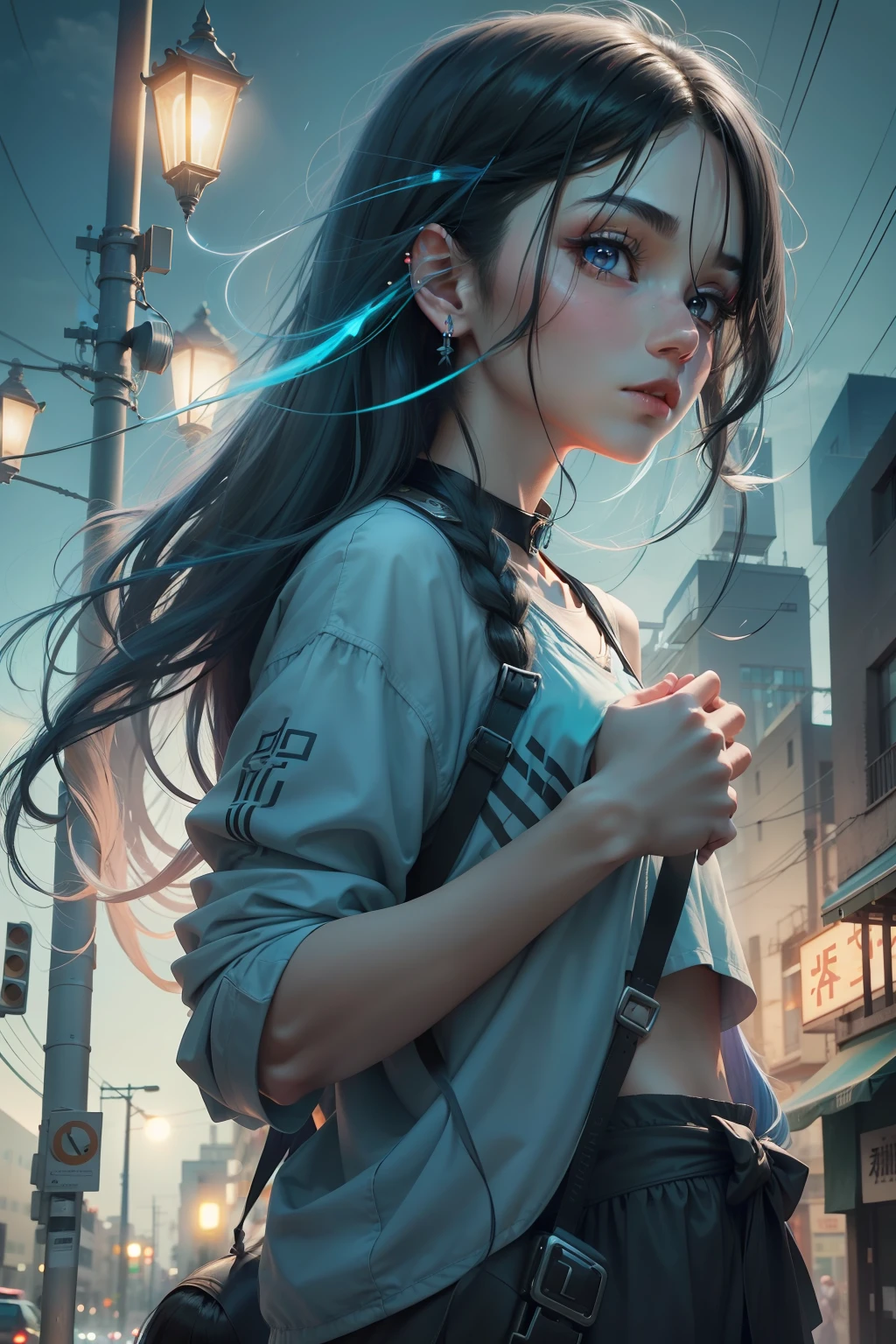 A long hair,black color hair,There is a strand of blue hair around his ear, The glow of street lights,She looked at me,Extend your left hand toward the frame。k hd,Look up