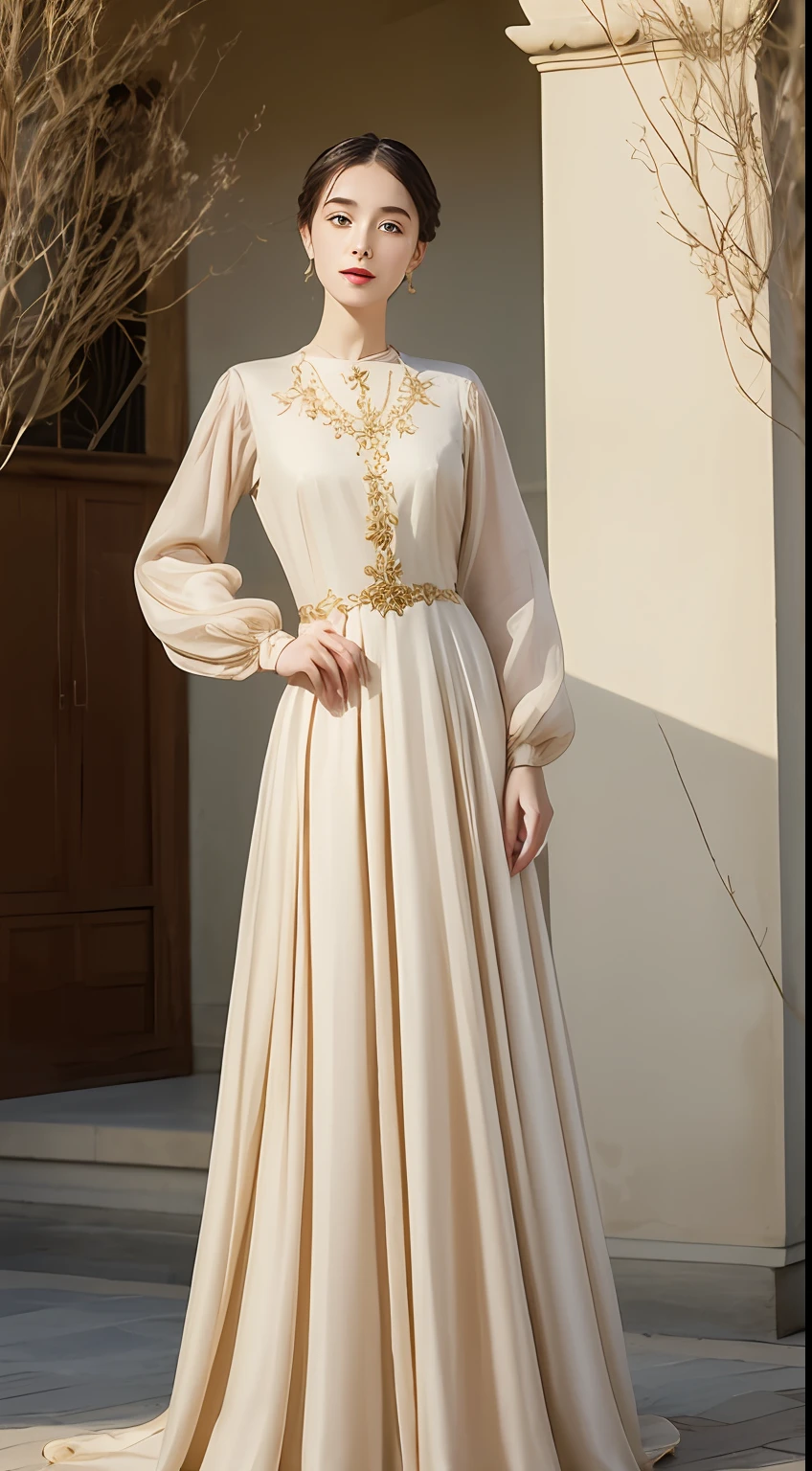 Antique bandeau dress, literary and artistic, beautiful, elegant, slender eyebrows, clear eyes, rosy lips, soft skin, satin long-sleeved blouse with golden edges, antique long-sleeved dress, fuqin posture, waiting posture, palatial palace, azure sky, quiet courtyard