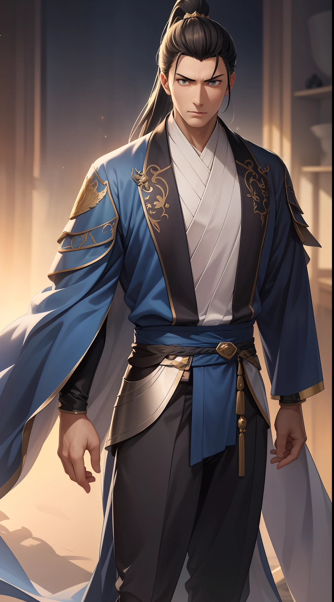 quadratic element,style of anime,mtu(Male Warrior),The proportions are correct,Face details,swordsmen,High ponytail hairstyle,Neck details,There is an Adam's apple,Blue suit,kaftan,long blue robes,clothes details,Handing over,longer sleeves,Game quality,Swordsmanship,Light and shadow tracking,Ray traching,detailed glow,cg render,hair detail,Blue long hair,blue colored eyes,Handsome,Handsome,(juvenile sense),Clothing is complicated,Perfectcomposition,Refinement,high qulity,higher details,Lots of details,The background is complex,a sense of atmosphere,